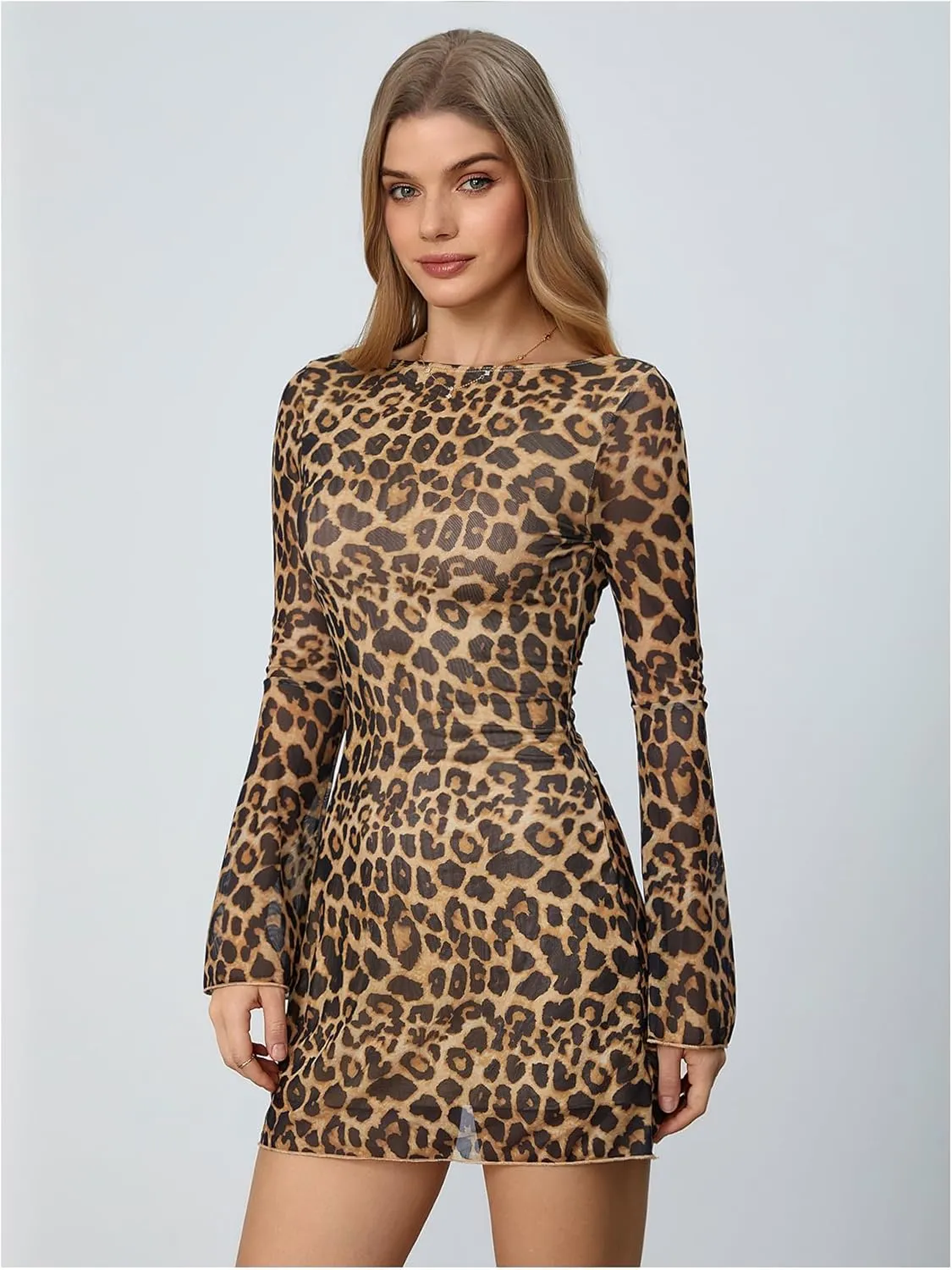 MakeMeChic Women's Leopard Print Dress Y2k Backless Mesh Bell Sleeve Mini Cheetah Print Dress