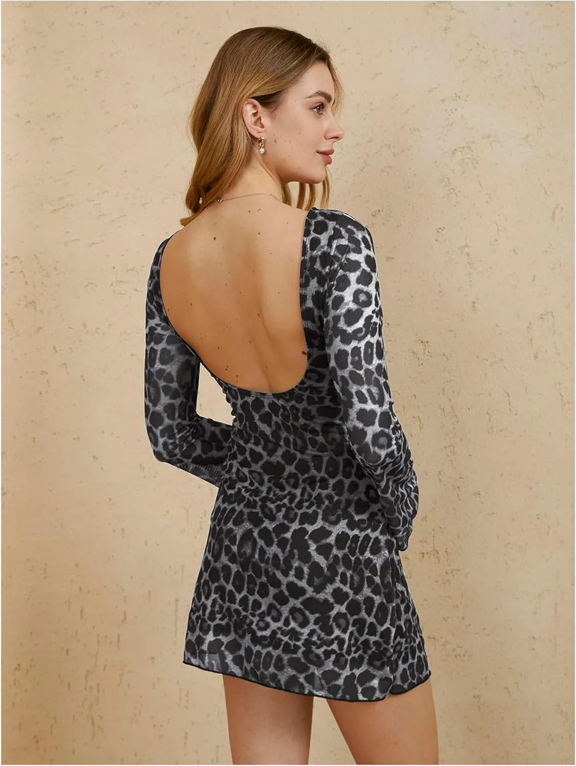 MakeMeChic Women's Leopard Print Dress Y2k Backless Mesh Bell Sleeve Mini Cheetah Print Dress