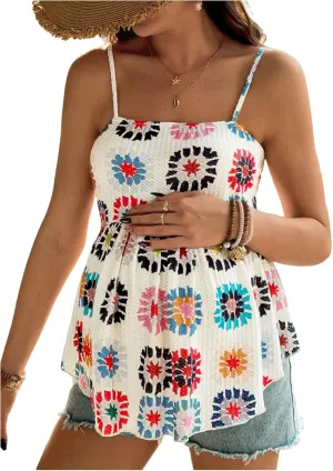 MakeMeChic Women's Maternity Camisole Floral Spaghetti Strap Ruffle Pregnancy Peplum Tops