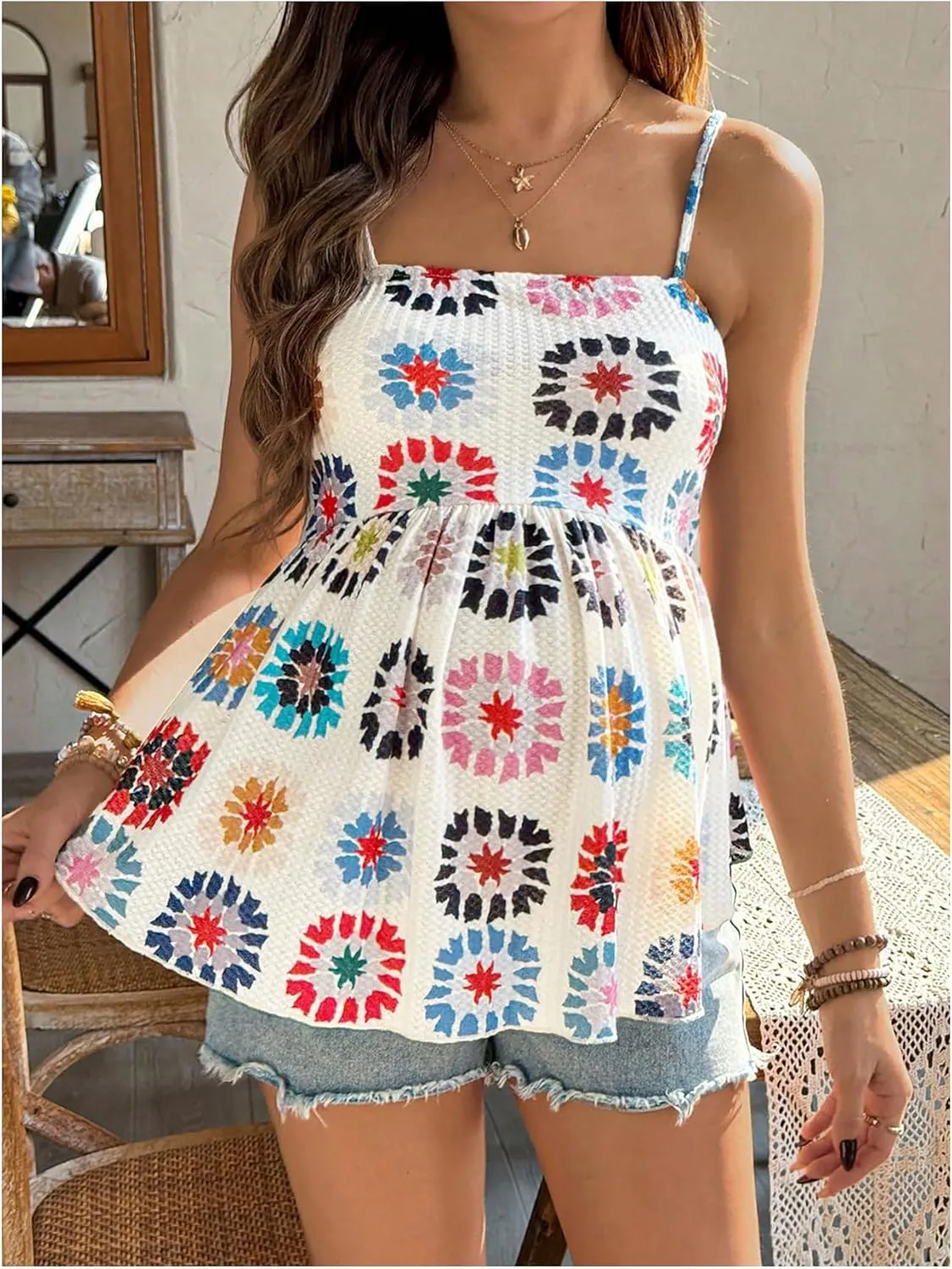 MakeMeChic Women's Maternity Camisole Floral Spaghetti Strap Ruffle Pregnancy Peplum Tops