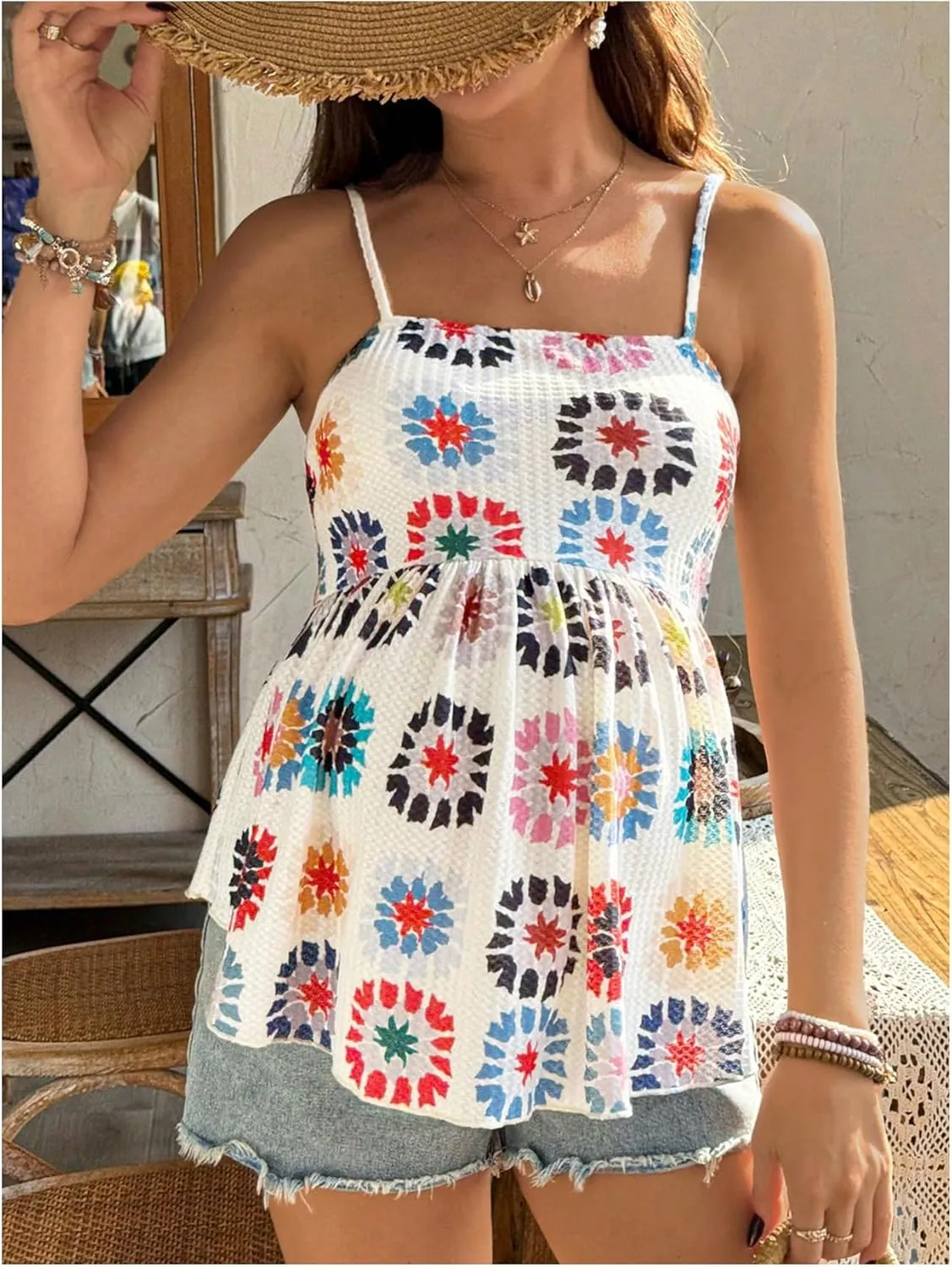 MakeMeChic Women's Maternity Camisole Floral Spaghetti Strap Ruffle Pregnancy Peplum Tops
