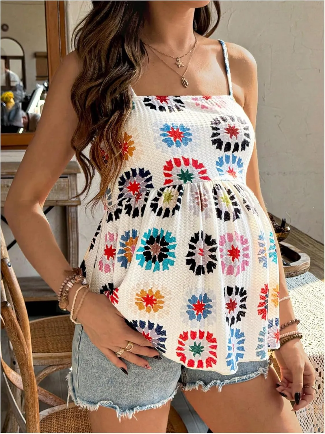 MakeMeChic Women's Maternity Camisole Floral Spaghetti Strap Ruffle Pregnancy Peplum Tops