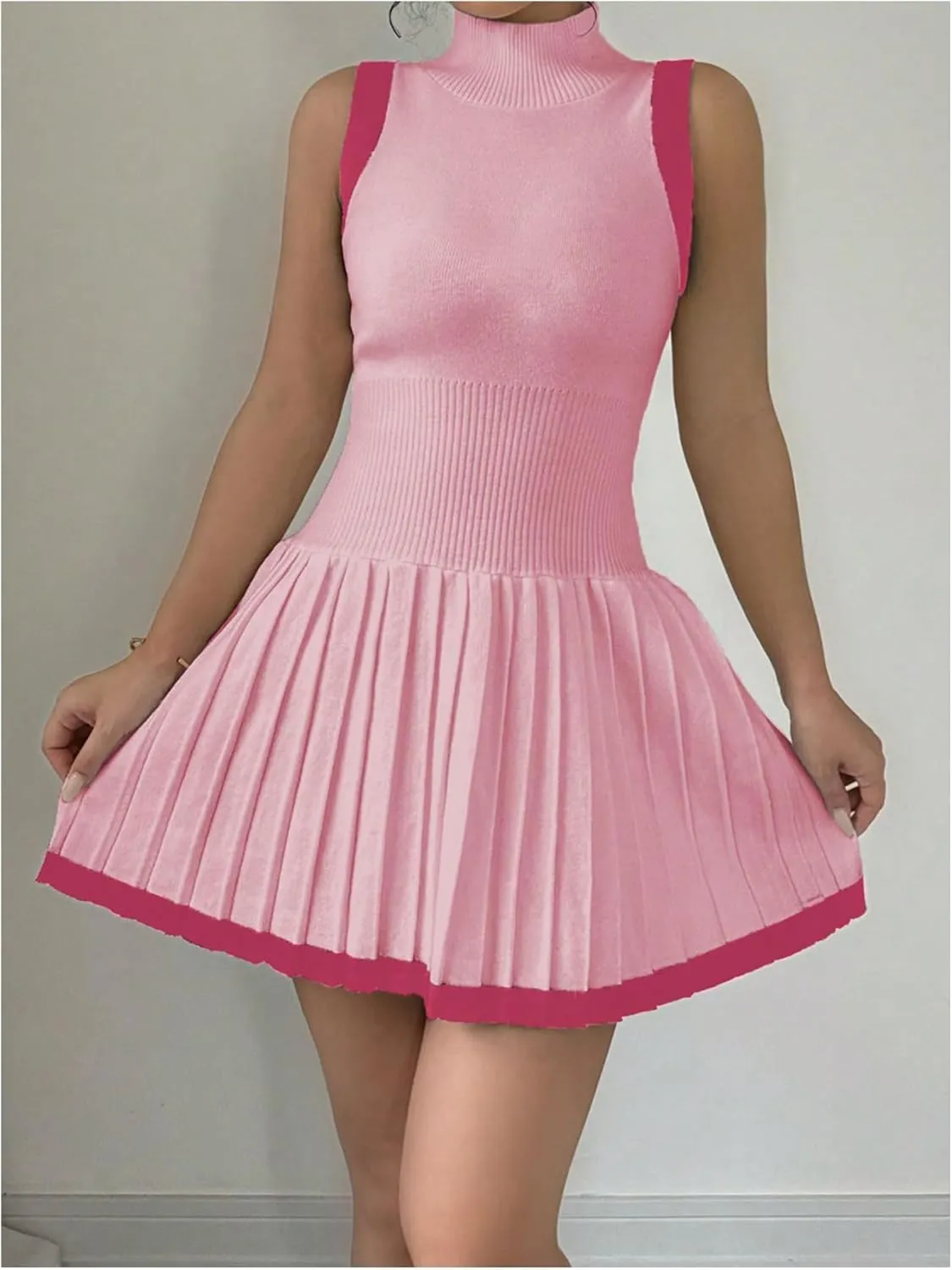 MakeMeChic Women's Mock Neck Sleeveless Sweater Dress Knit Crochet Mini Dress