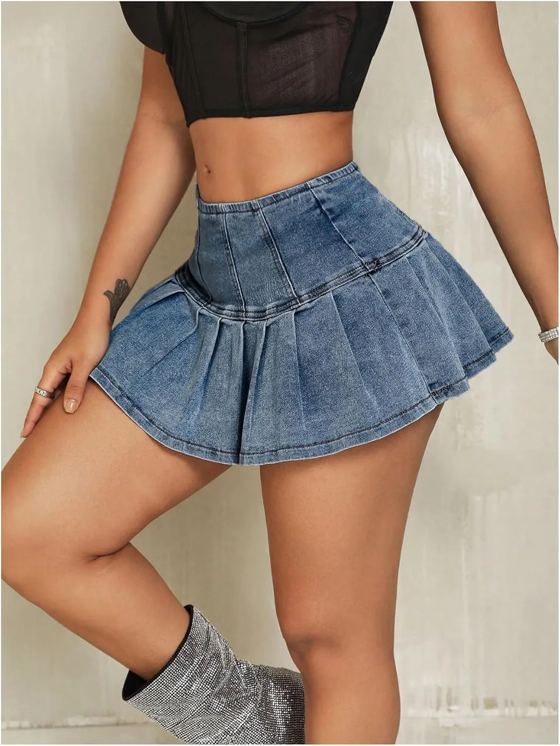 MakeMeChic Women's Pleated A Line Jean Skirts Zip Up Flared Hem Summer Mini Denim Skirt