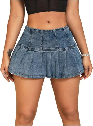MakeMeChic Women's Pleated A Line Jean Skirts Zip Up Flared Hem Summer Mini Denim Skirt