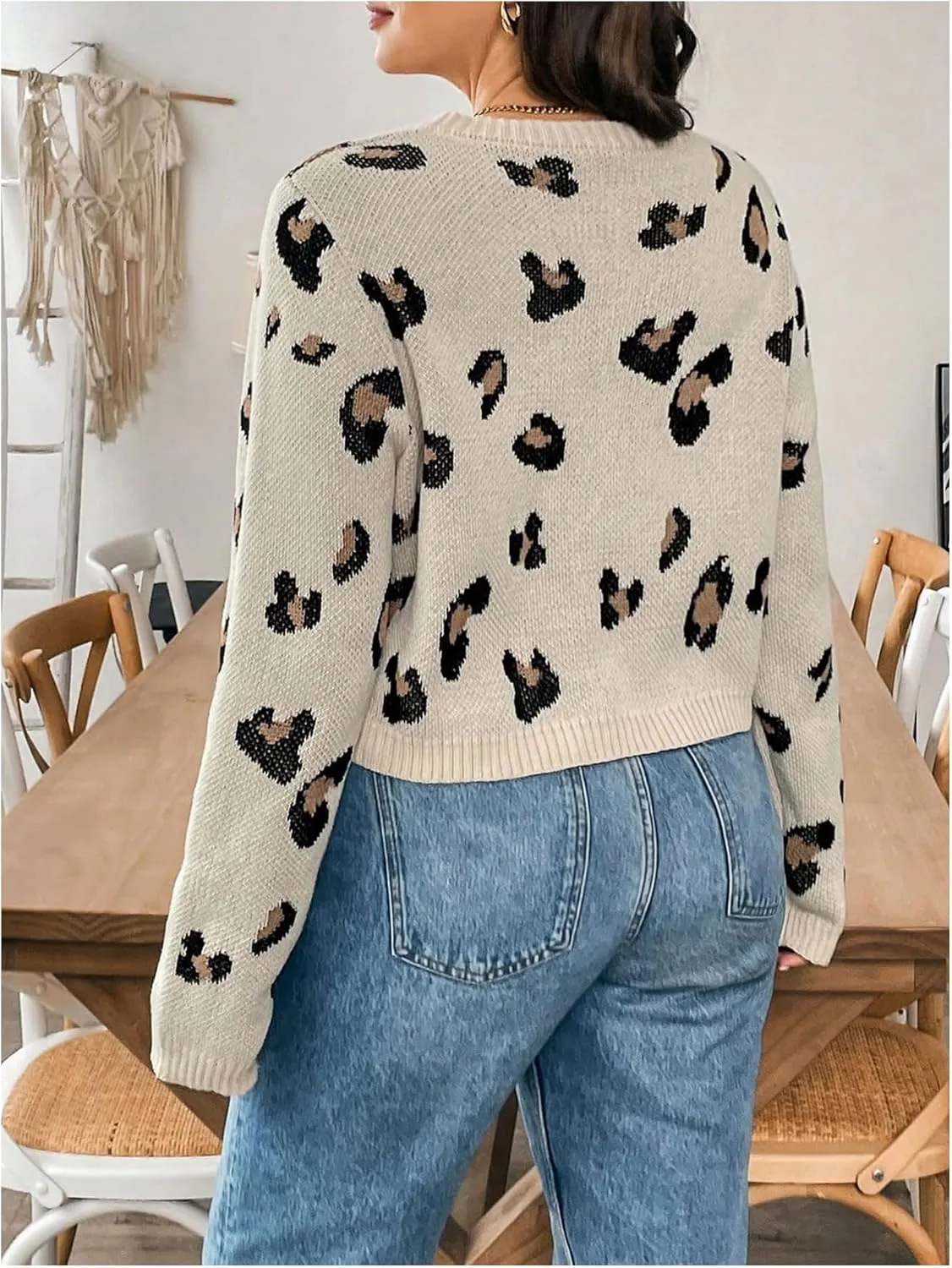 MakeMeChic Women's Plus Size Leopard Print Bow Tie Front Cardigan Crew Neck Long Sleeve Cardigan Sweater Knitwear
