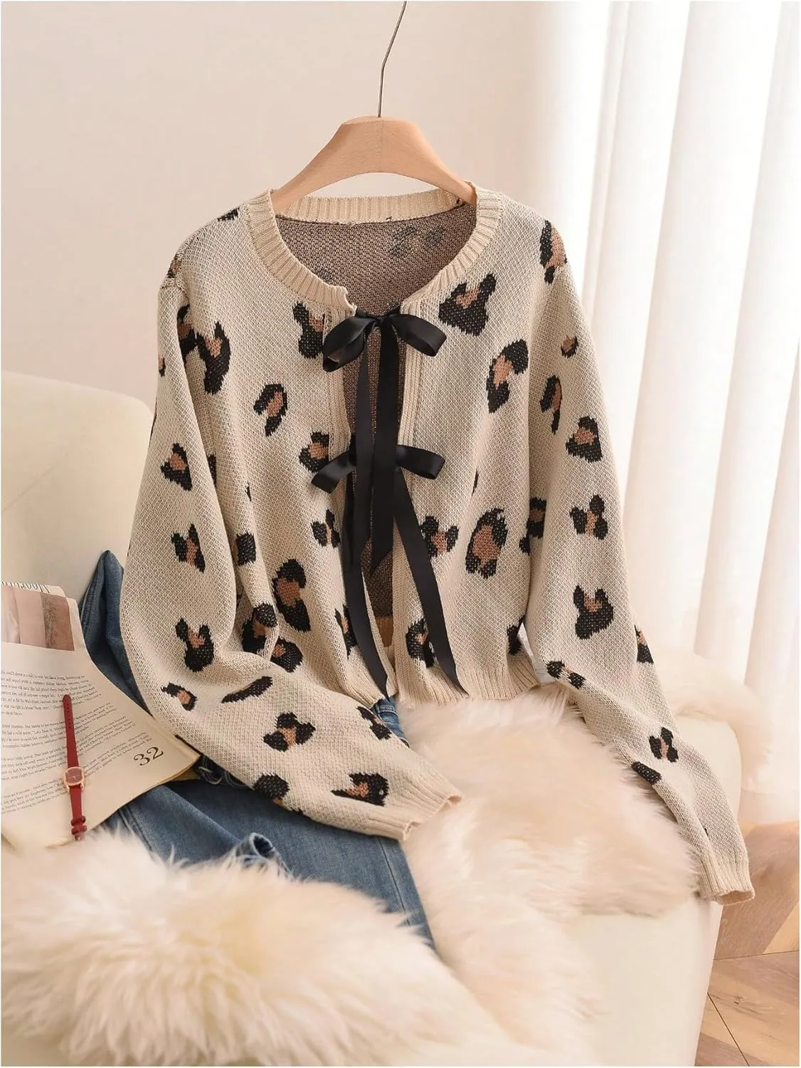 MakeMeChic Women's Plus Size Leopard Print Bow Tie Front Cardigan Crew Neck Long Sleeve Cardigan Sweater Knitwear
