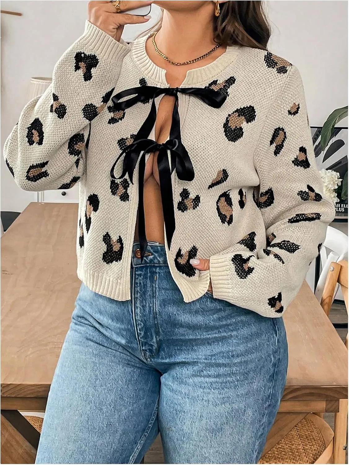 MakeMeChic Women's Plus Size Leopard Print Bow Tie Front Cardigan Crew Neck Long Sleeve Cardigan Sweater Knitwear
