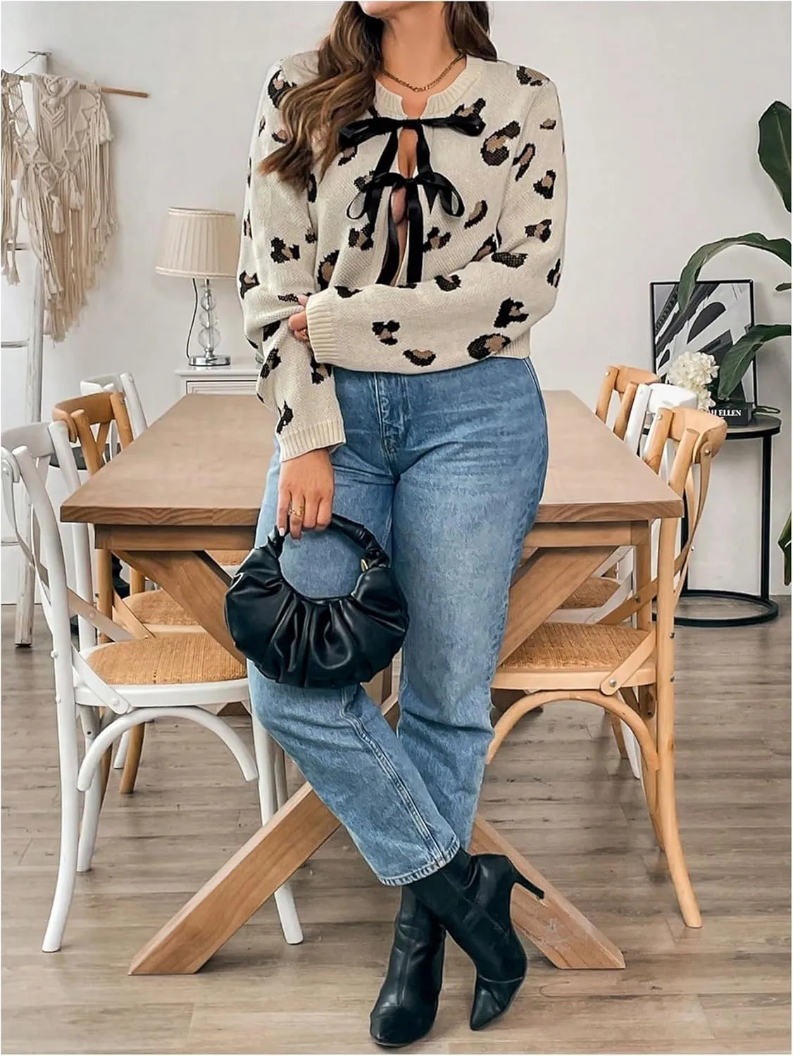 MakeMeChic Women's Plus Size Leopard Print Bow Tie Front Cardigan Crew Neck Long Sleeve Cardigan Sweater Knitwear