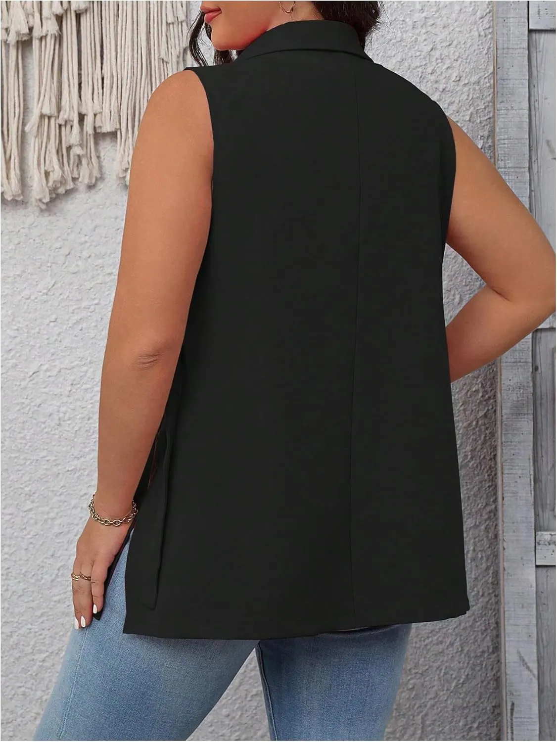 MakeMeChic Women's Plus Size Sleeveless Blazer Vest Lapel Split Side Work Office Jacket Coat