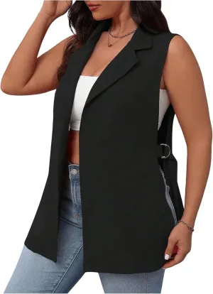 MakeMeChic Women's Plus Size Sleeveless Blazer Vest Lapel Split Side Work Office Jacket Coat