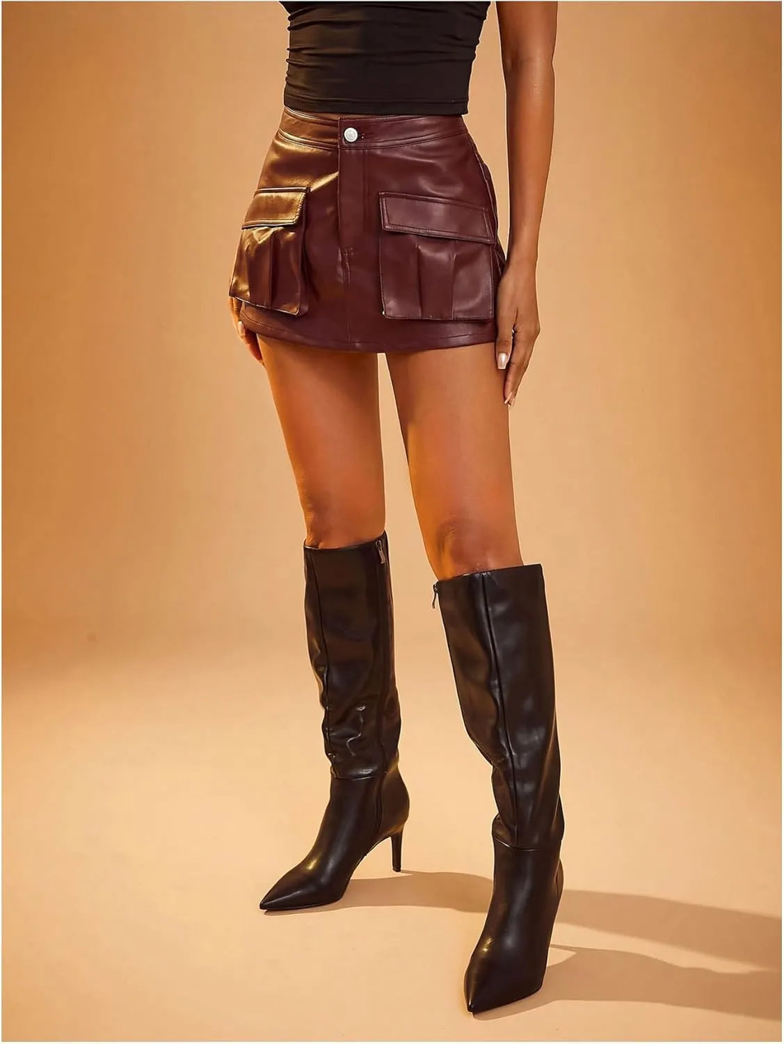 MakeMeChic Women's PU Leather Summer Shorts Flap Pocket Zip Fly Going Out Y2K Mini Skorts