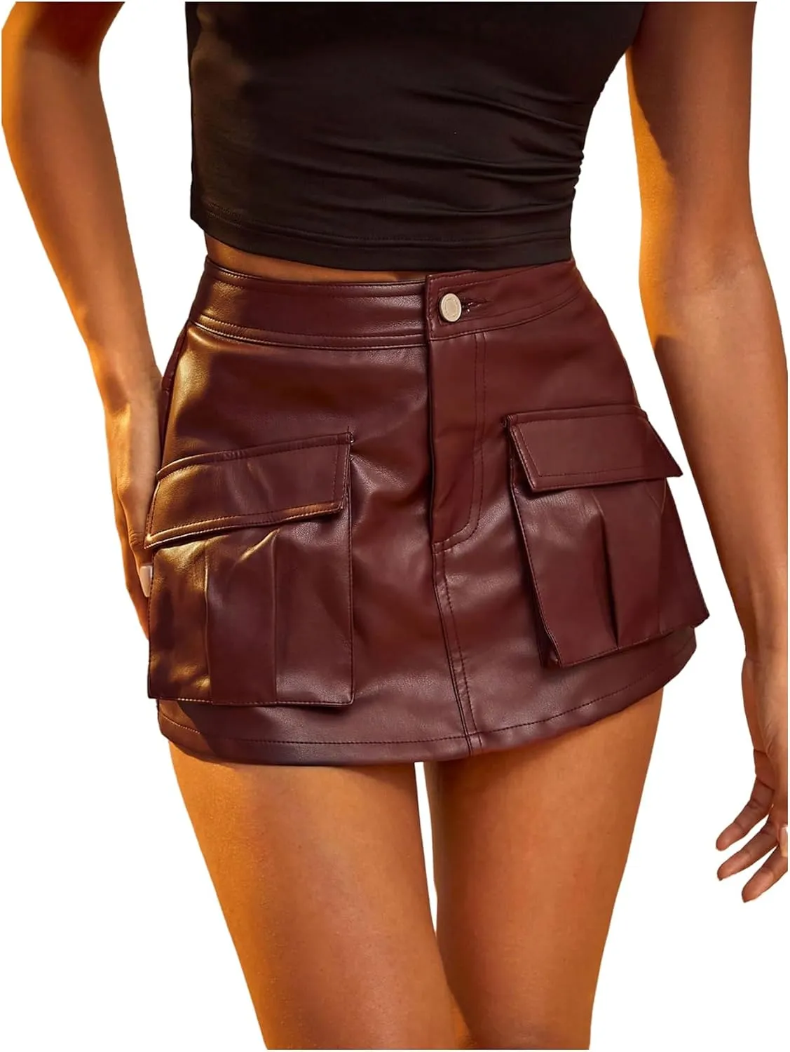 MakeMeChic Women's PU Leather Summer Shorts Flap Pocket Zip Fly Going Out Y2K Mini Skorts