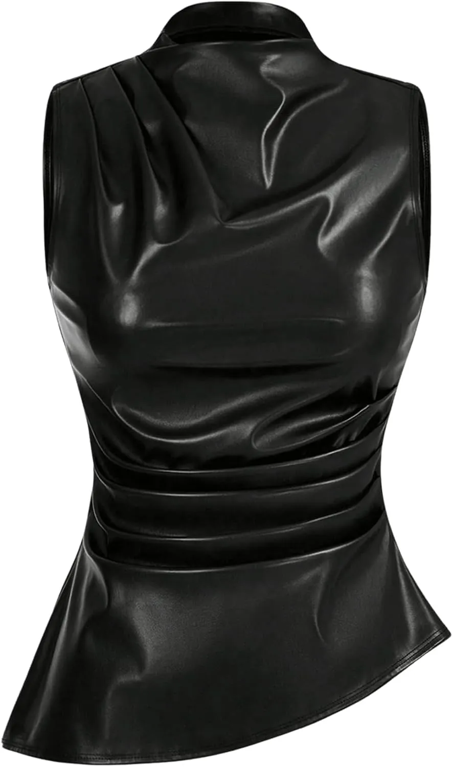 MakeMeChic Women's PU Leather Tank Top Mock Neck Y2k Ruched Party Sleeveless Leather Tops