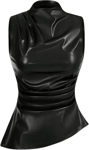 MakeMeChic Women's PU Leather Tank Top Mock Neck Y2k Ruched Party Sleeveless Leather Tops
