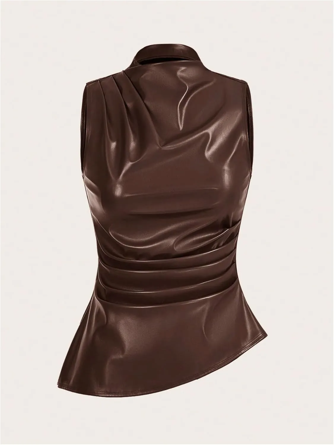 MakeMeChic Women's PU Leather Tank Top Mock Neck Y2k Ruched Party Sleeveless Leather Tops
