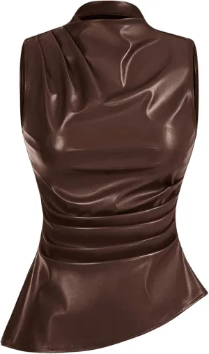 MakeMeChic Women's PU Leather Tank Top Mock Neck Y2k Ruched Party Sleeveless Leather Tops