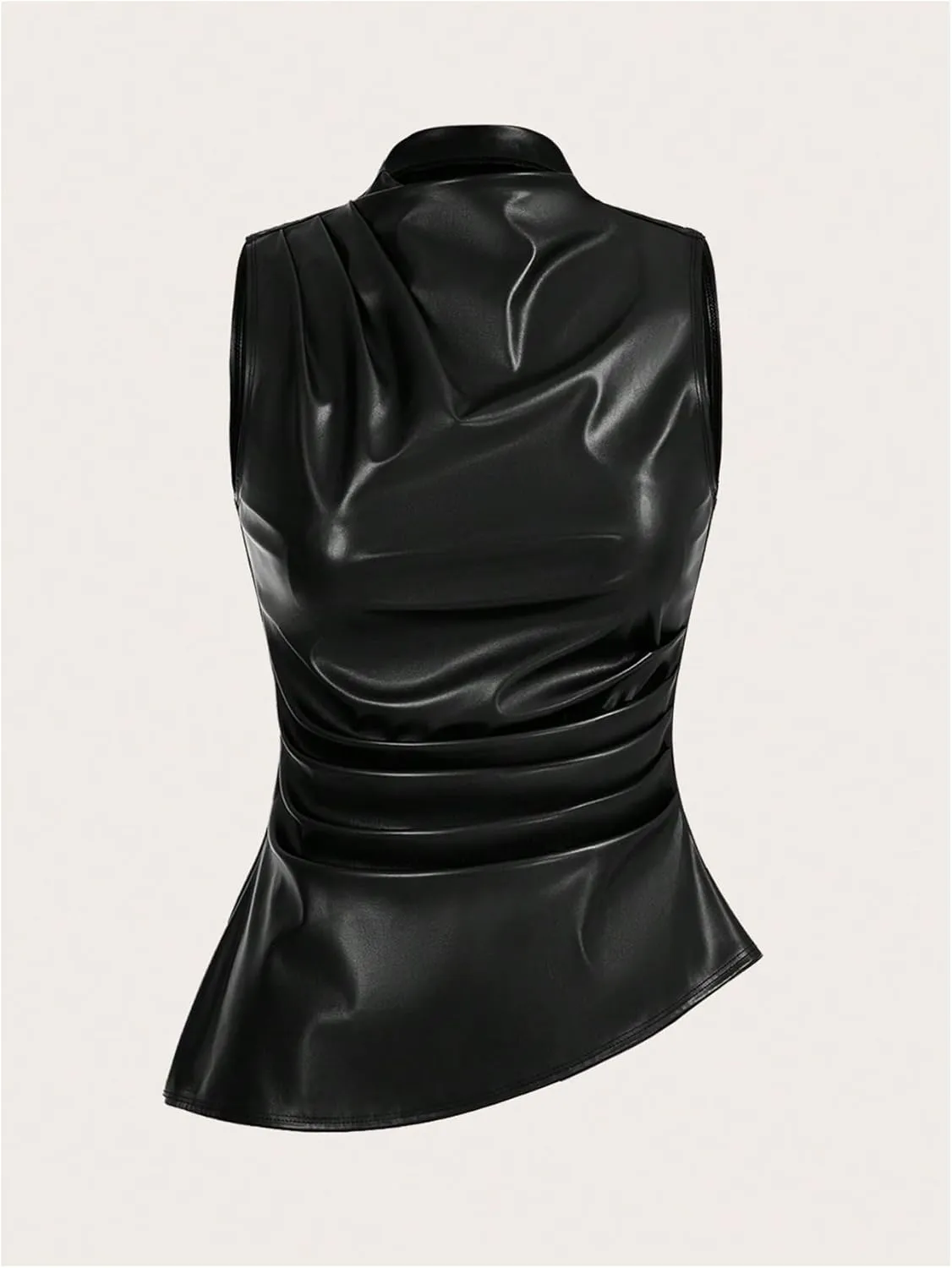 MakeMeChic Women's PU Leather Tank Top Mock Neck Y2k Ruched Party Sleeveless Leather Tops