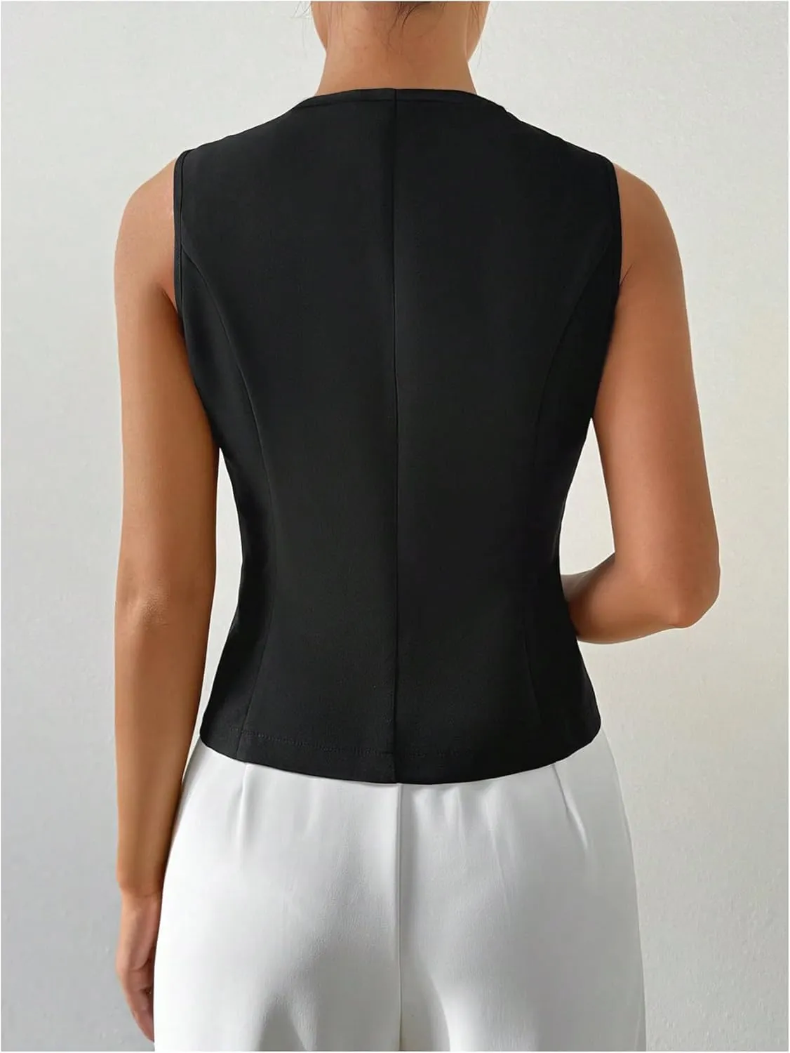 MakeMeChic Women's Sleeveless Single Breasted Blazer Round Neck Asymmetrical Hem Blazer Vest