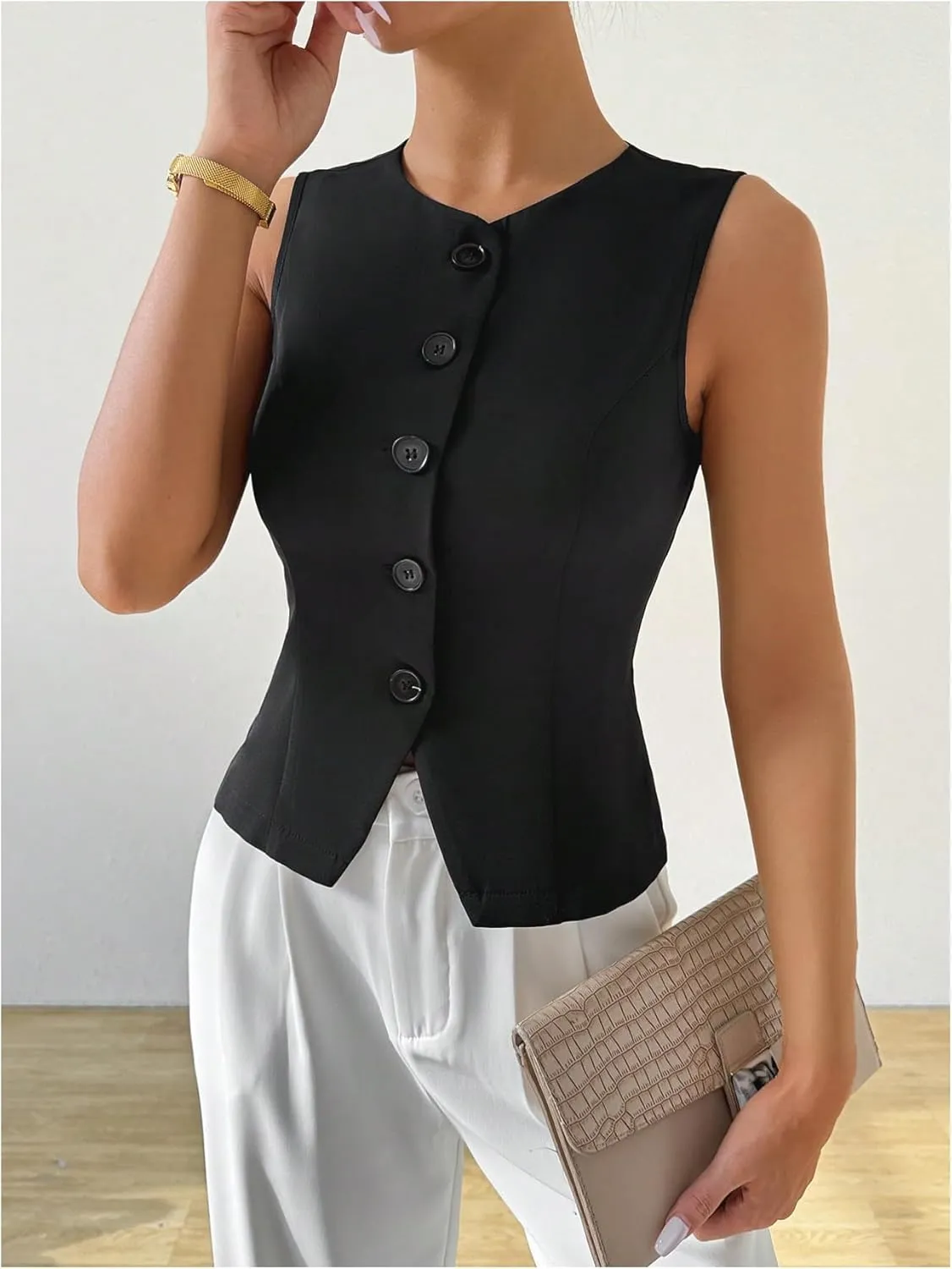 MakeMeChic Women's Sleeveless Single Breasted Blazer Round Neck Asymmetrical Hem Blazer Vest
