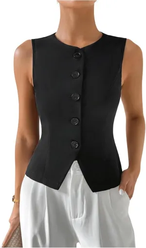 MakeMeChic Women's Sleeveless Single Breasted Blazer Round Neck Asymmetrical Hem Blazer Vest