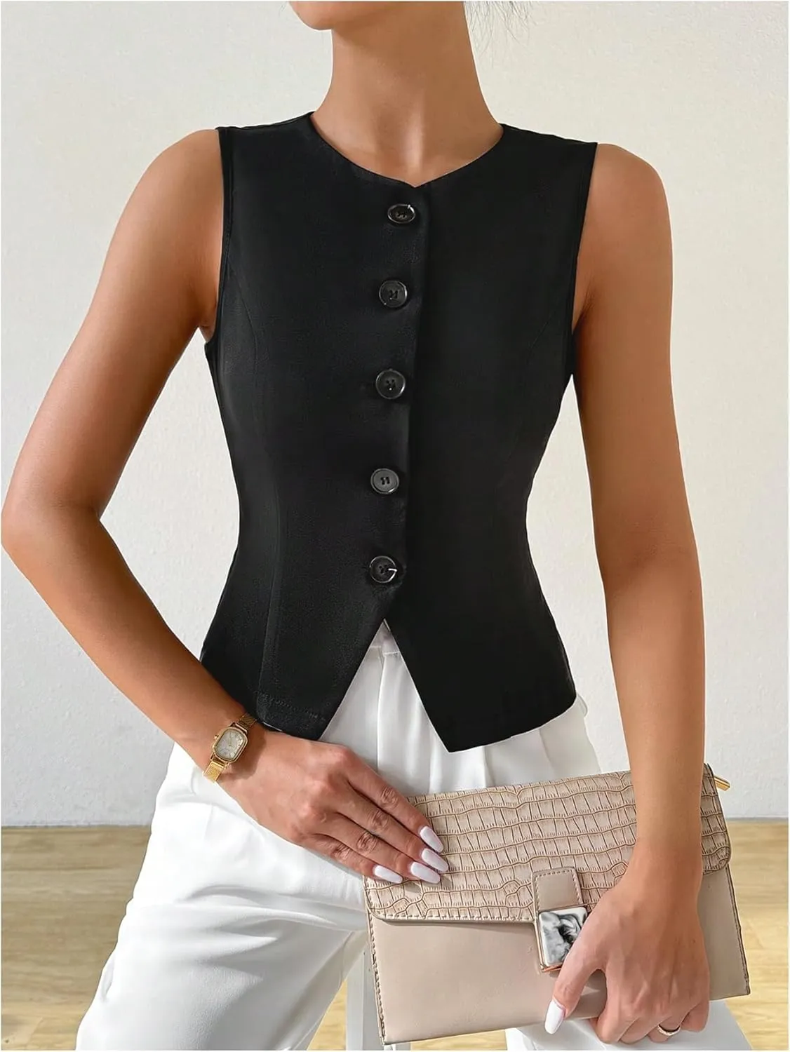 MakeMeChic Women's Sleeveless Single Breasted Blazer Round Neck Asymmetrical Hem Blazer Vest
