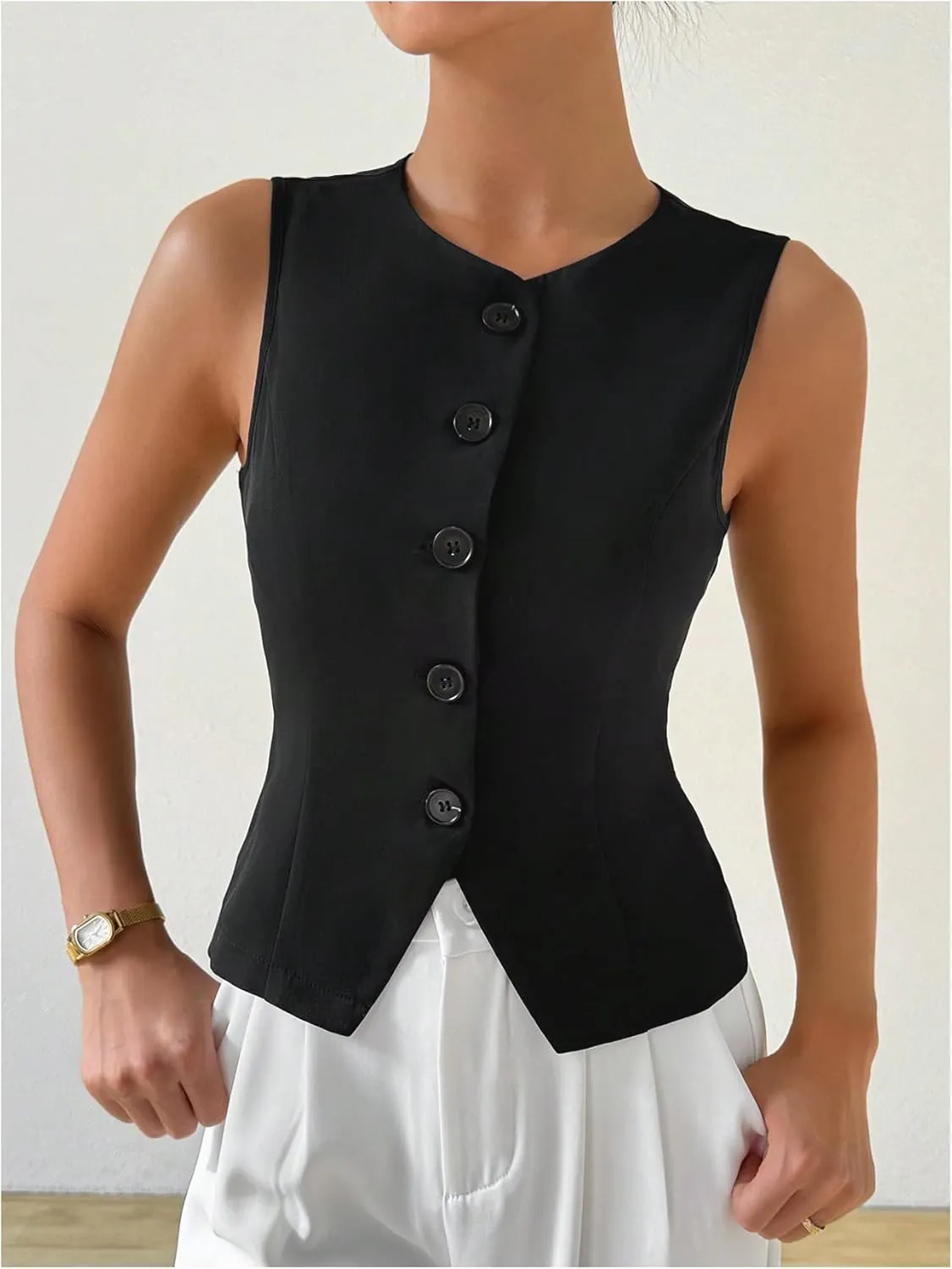 MakeMeChic Women's Sleeveless Single Breasted Blazer Round Neck Asymmetrical Hem Blazer Vest