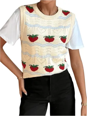 MakeMeChic Women's Strawberry Crew Neck Sleeveless Sweater Vest Knit Cute Knitwear