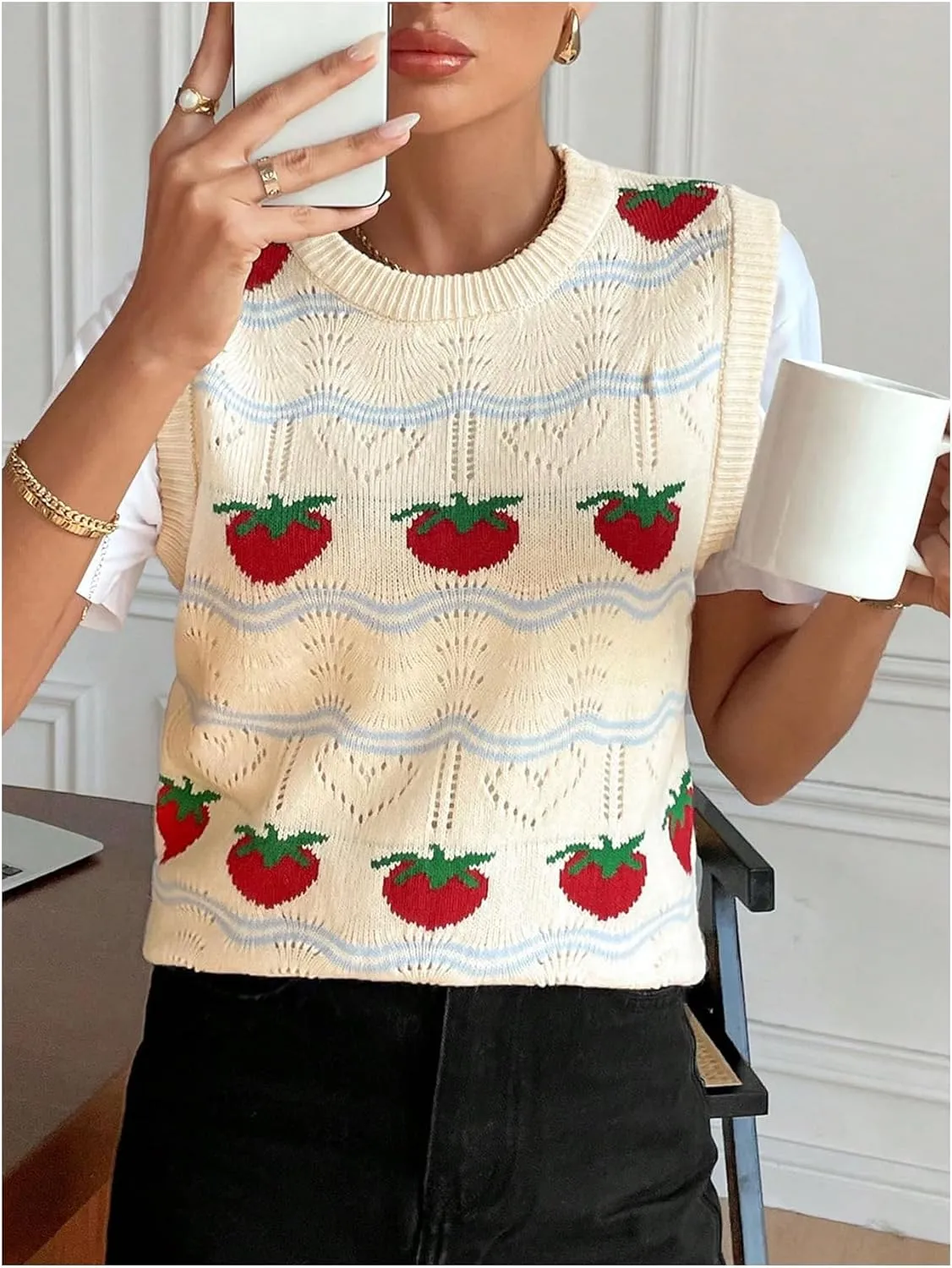 MakeMeChic Women's Strawberry Crew Neck Sleeveless Sweater Vest Knit Cute Knitwear