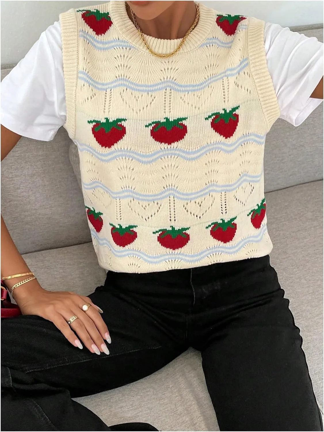 MakeMeChic Women's Strawberry Crew Neck Sleeveless Sweater Vest Knit Cute Knitwear