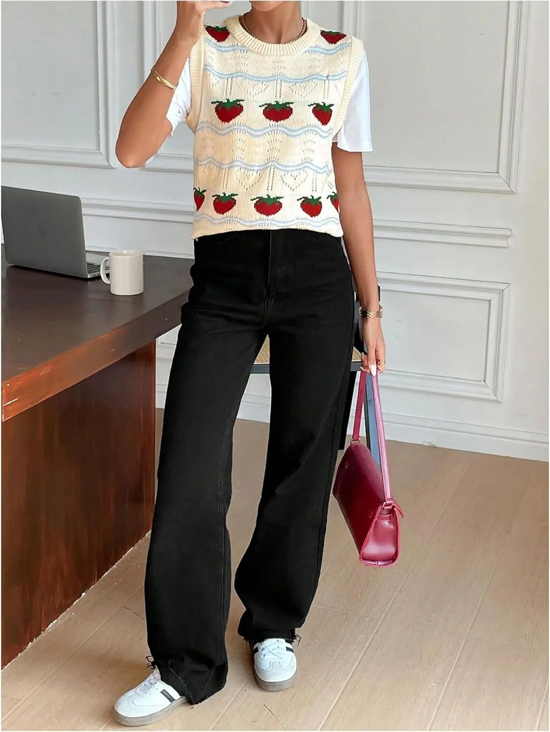 MakeMeChic Women's Strawberry Crew Neck Sleeveless Sweater Vest Knit Cute Knitwear