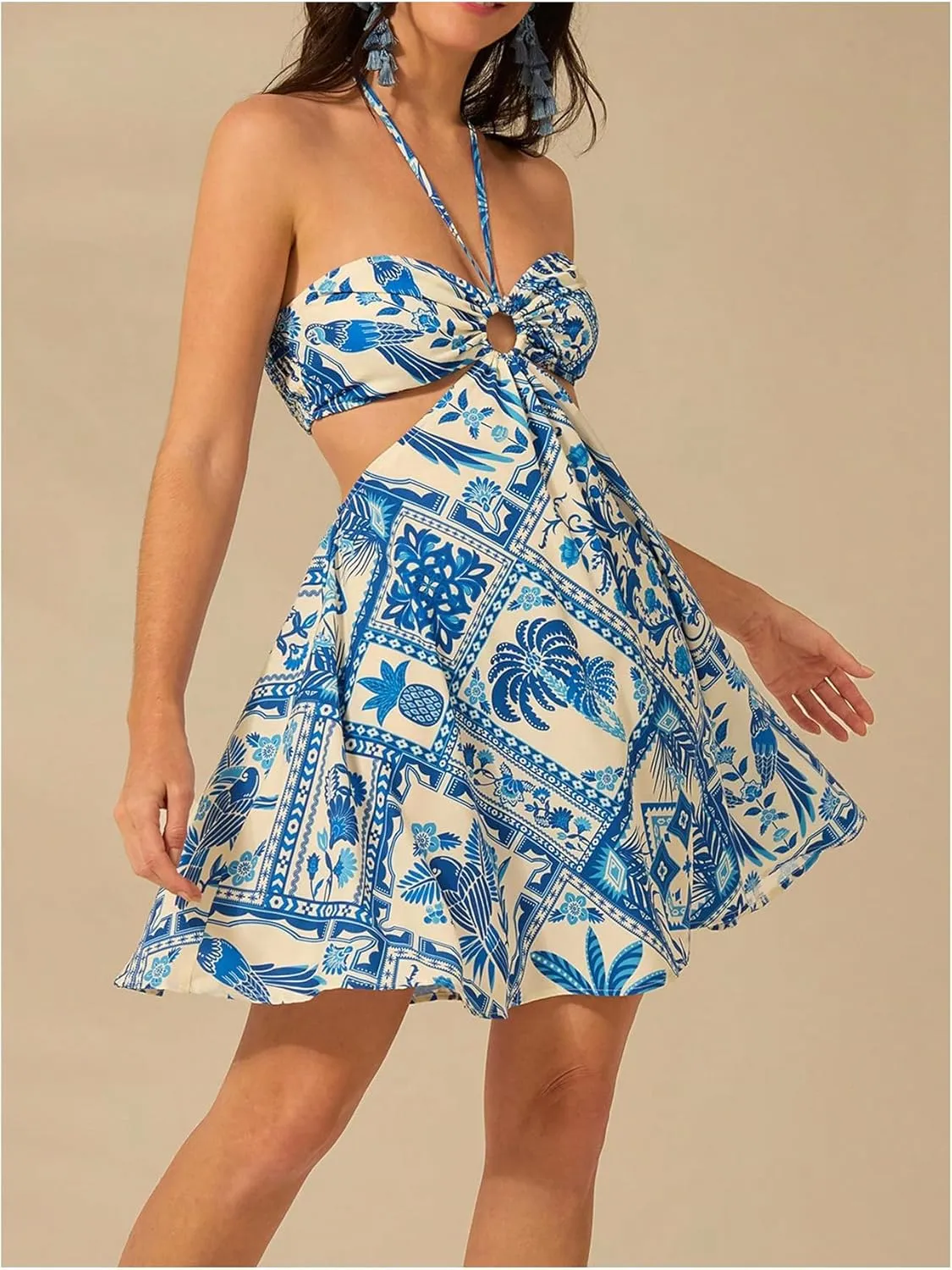 MakeMeChic Women's Summer Tropical Print Mini Dress Sundress 2025 Halter Backless Cut Out Short Dresses