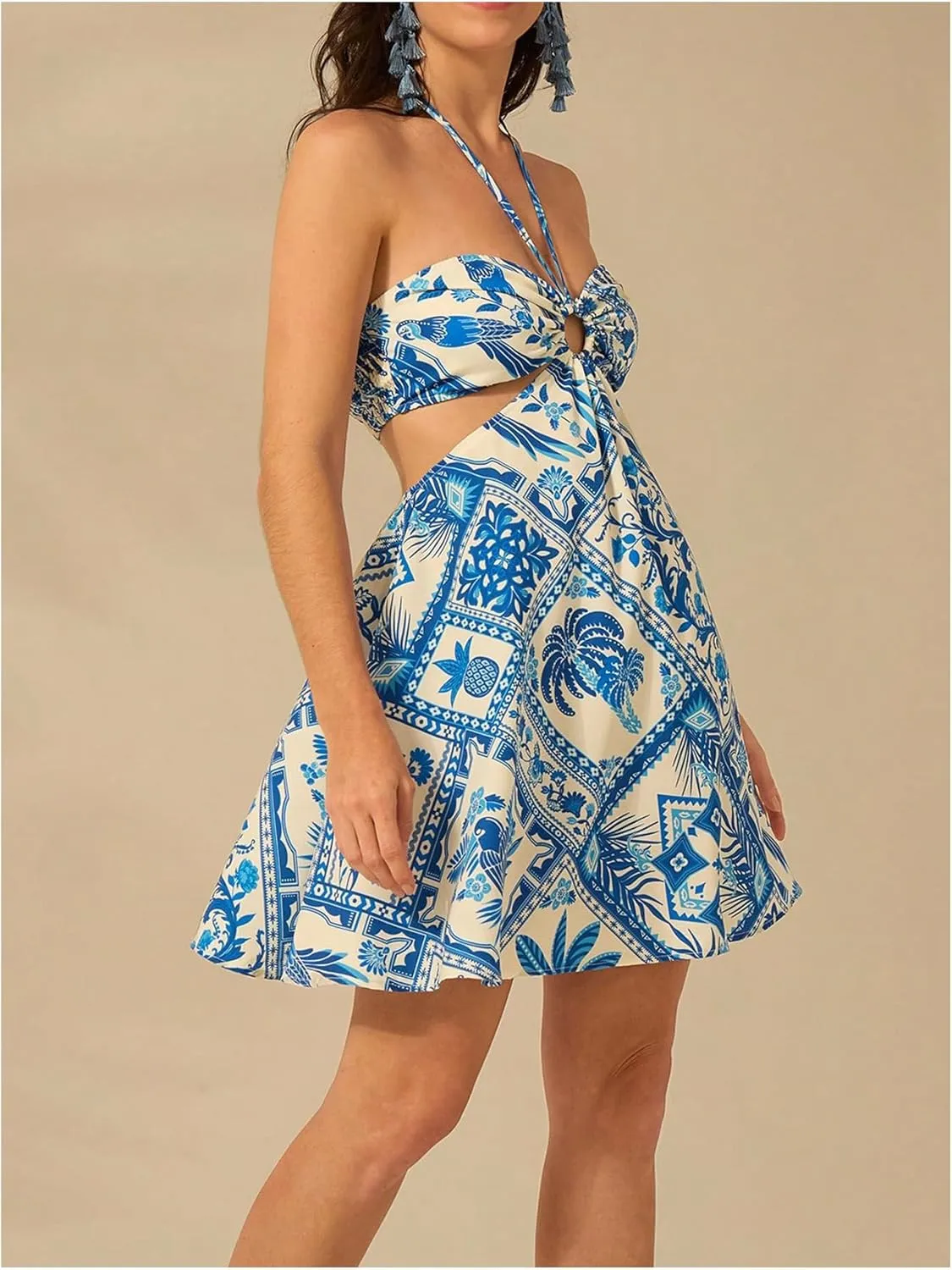 MakeMeChic Women's Summer Tropical Print Mini Dress Sundress 2025 Halter Backless Cut Out Short Dresses