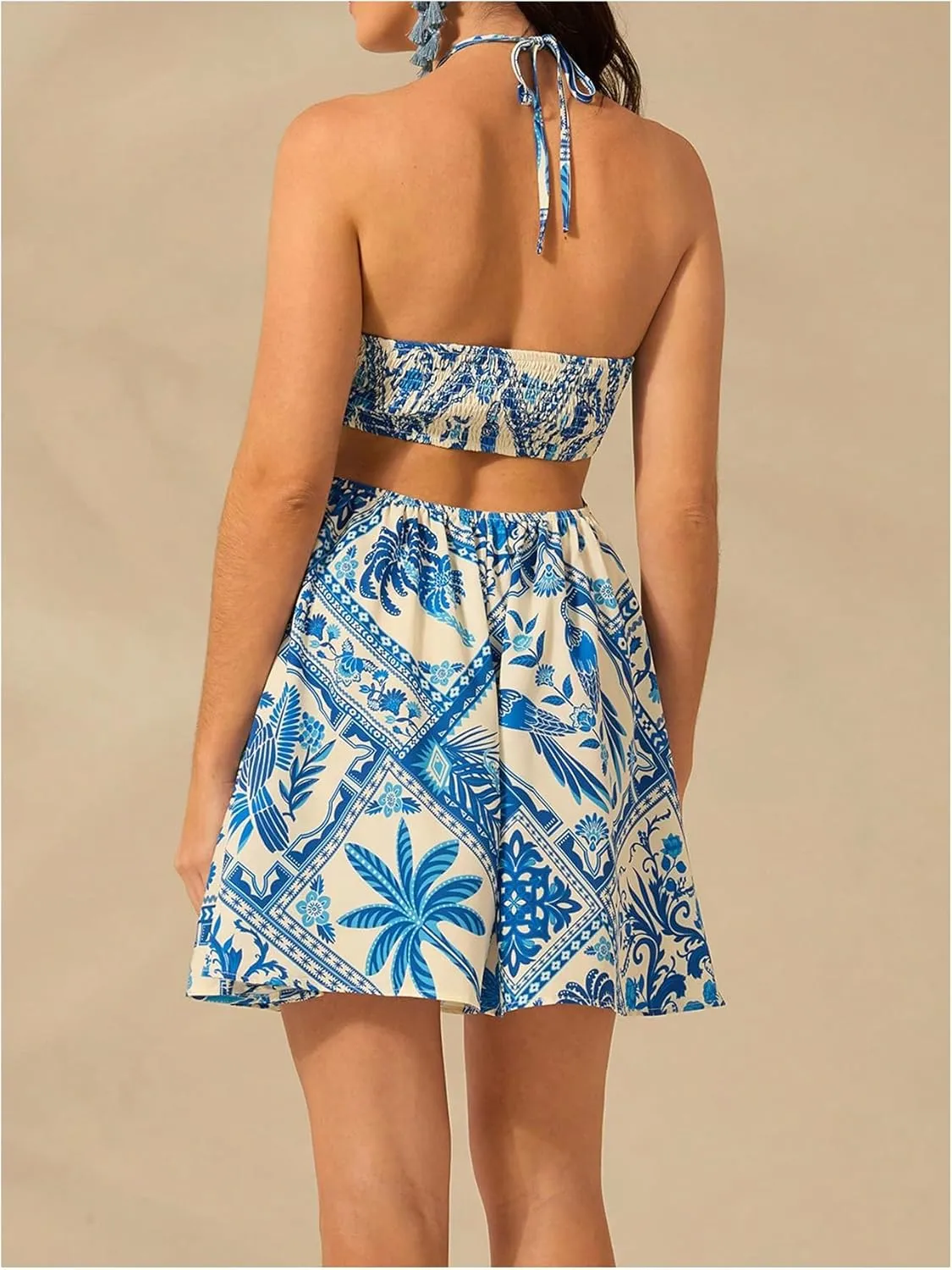 MakeMeChic Women's Summer Tropical Print Mini Dress Sundress 2025 Halter Backless Cut Out Short Dresses