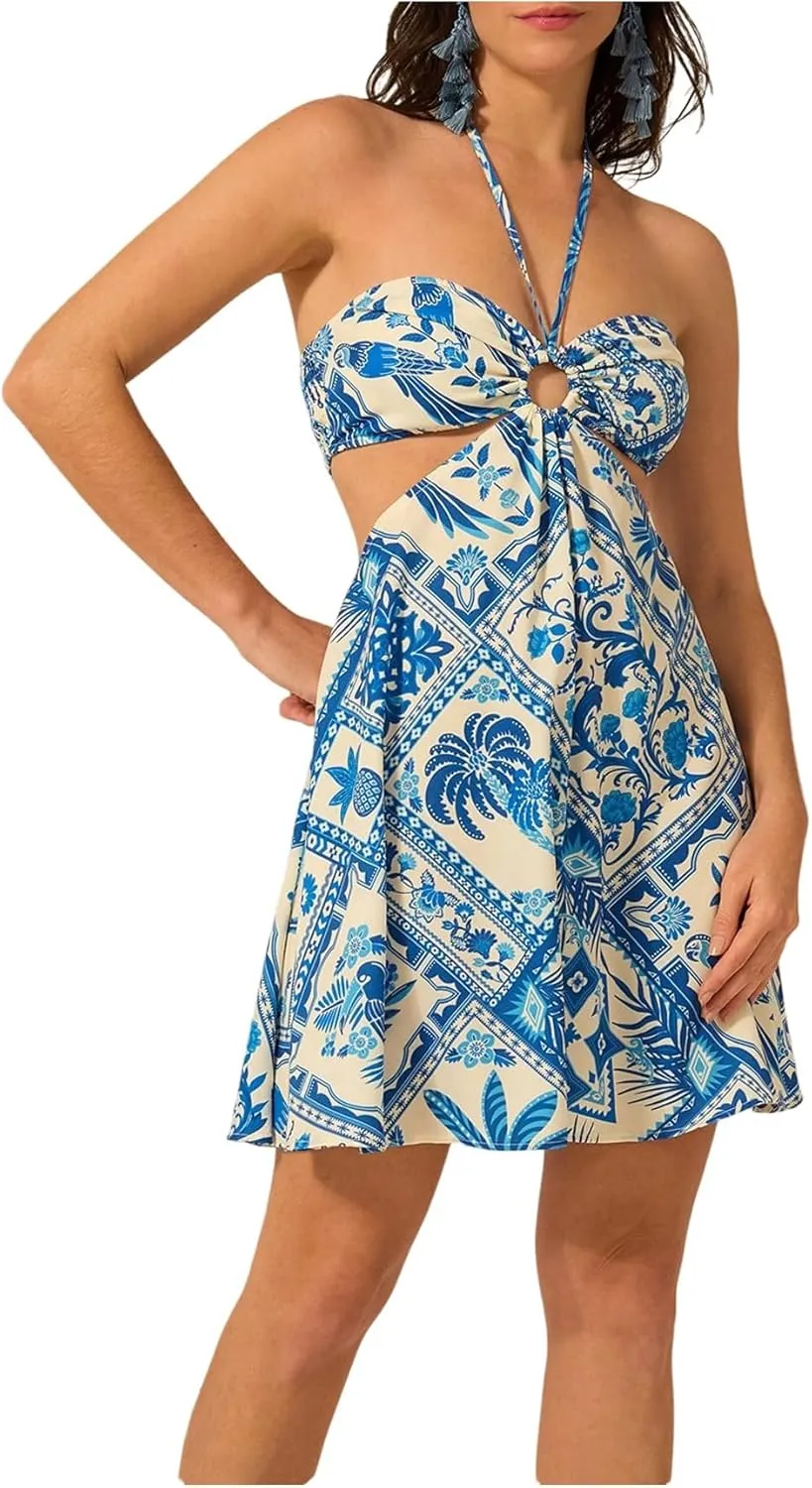 MakeMeChic Women's Summer Tropical Print Mini Dress Sundress 2025 Halter Backless Cut Out Short Dresses
