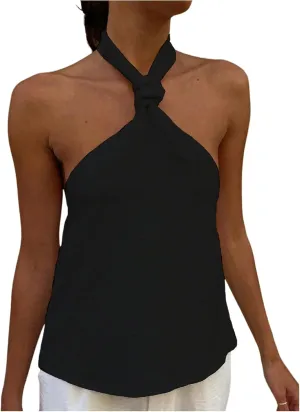 MakeMeChic Women's Textured Sleeveless Tie Backless Slim Fitted Halter Top Summer Shirt