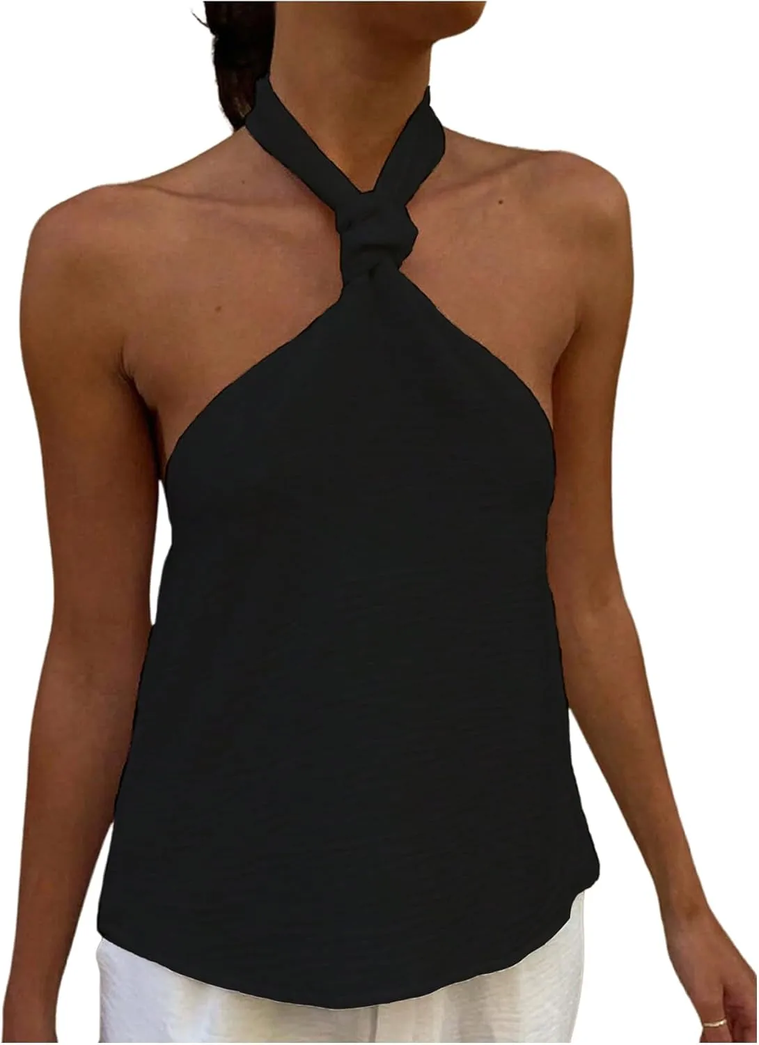 MakeMeChic Women's Textured Sleeveless Tie Backless Slim Fitted Halter Top Summer Shirt