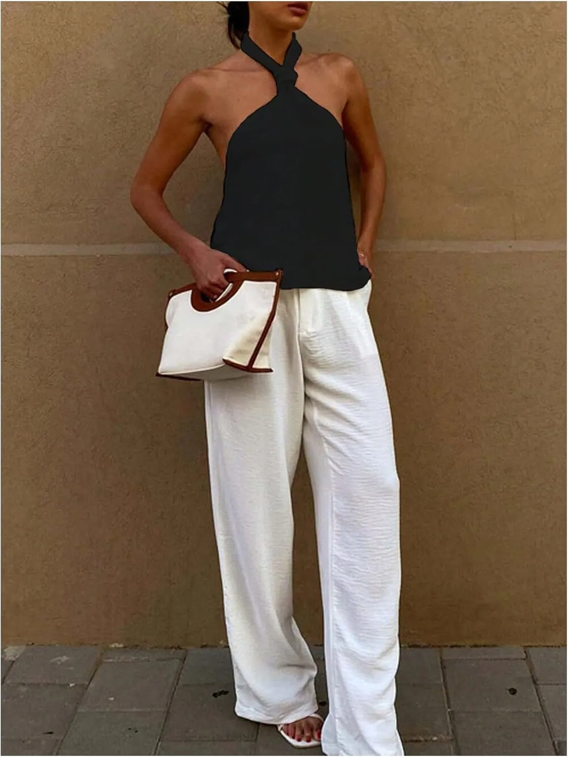 MakeMeChic Women's Textured Sleeveless Tie Backless Slim Fitted Halter Top Summer Shirt