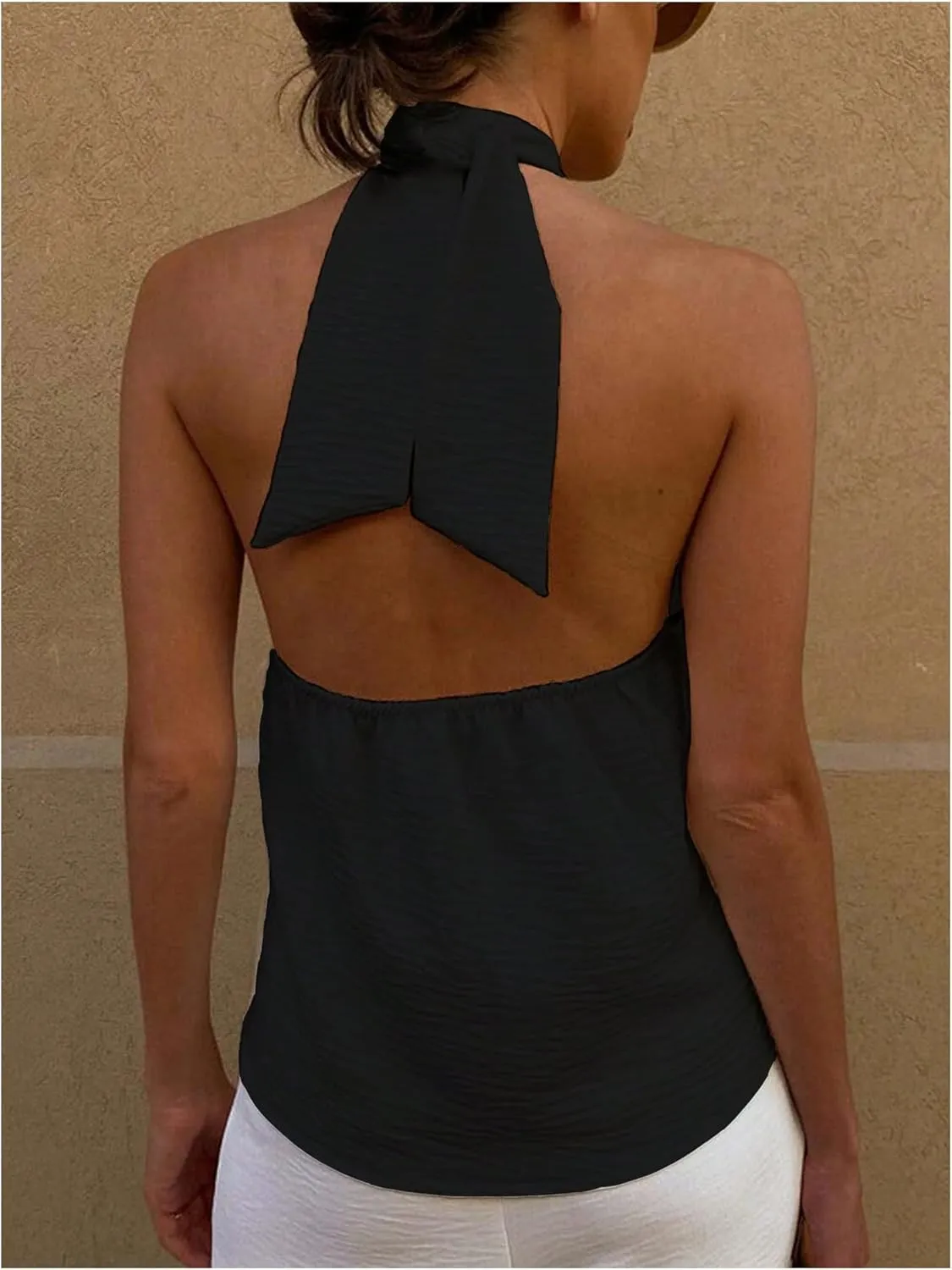 MakeMeChic Women's Textured Sleeveless Tie Backless Slim Fitted Halter Top Summer Shirt