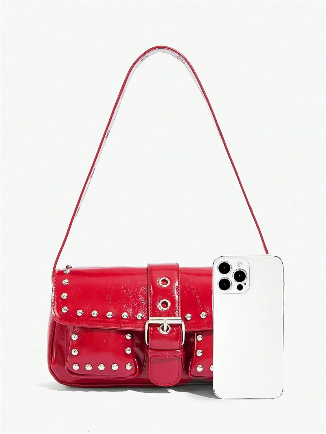 MakeMeChic Women's Women's Shoulder Bags Y2K PU Faux Leather Studded Flap Handbag Buckle Hobo Bag Punk Bags