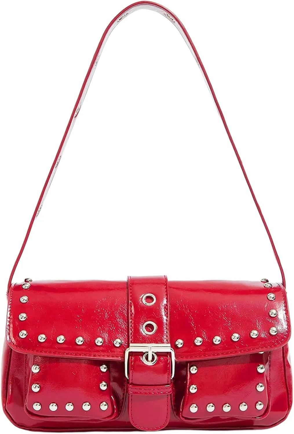 MakeMeChic Women's Women's Shoulder Bags Y2K PU Faux Leather Studded Flap Handbag Buckle Hobo Bag Punk Bags