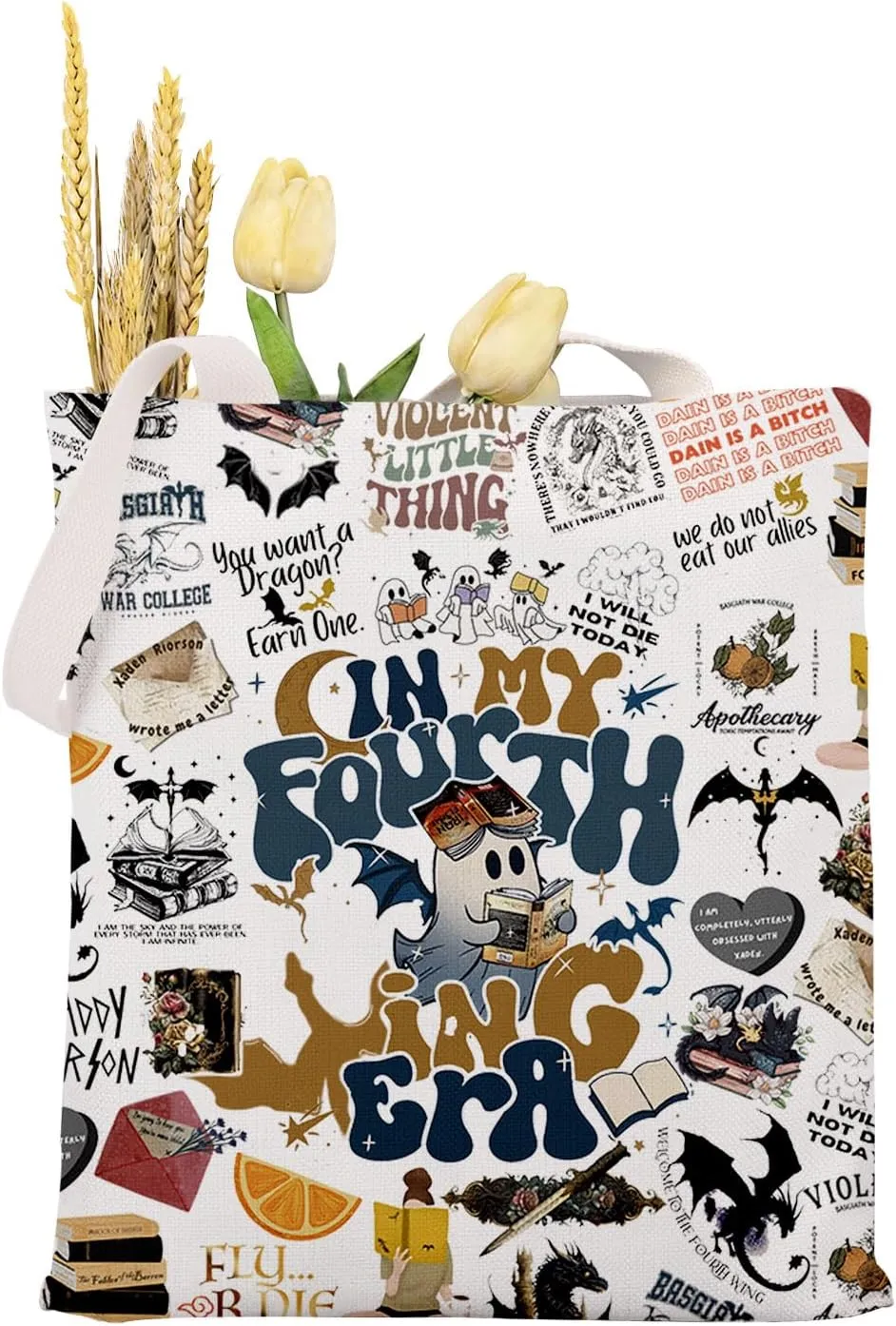 MAOFAED Bookish Merchandise,Canvas Tote Bag for Book Lover, Fantasy Reader Gift, Book Lover Gift (four wing era)