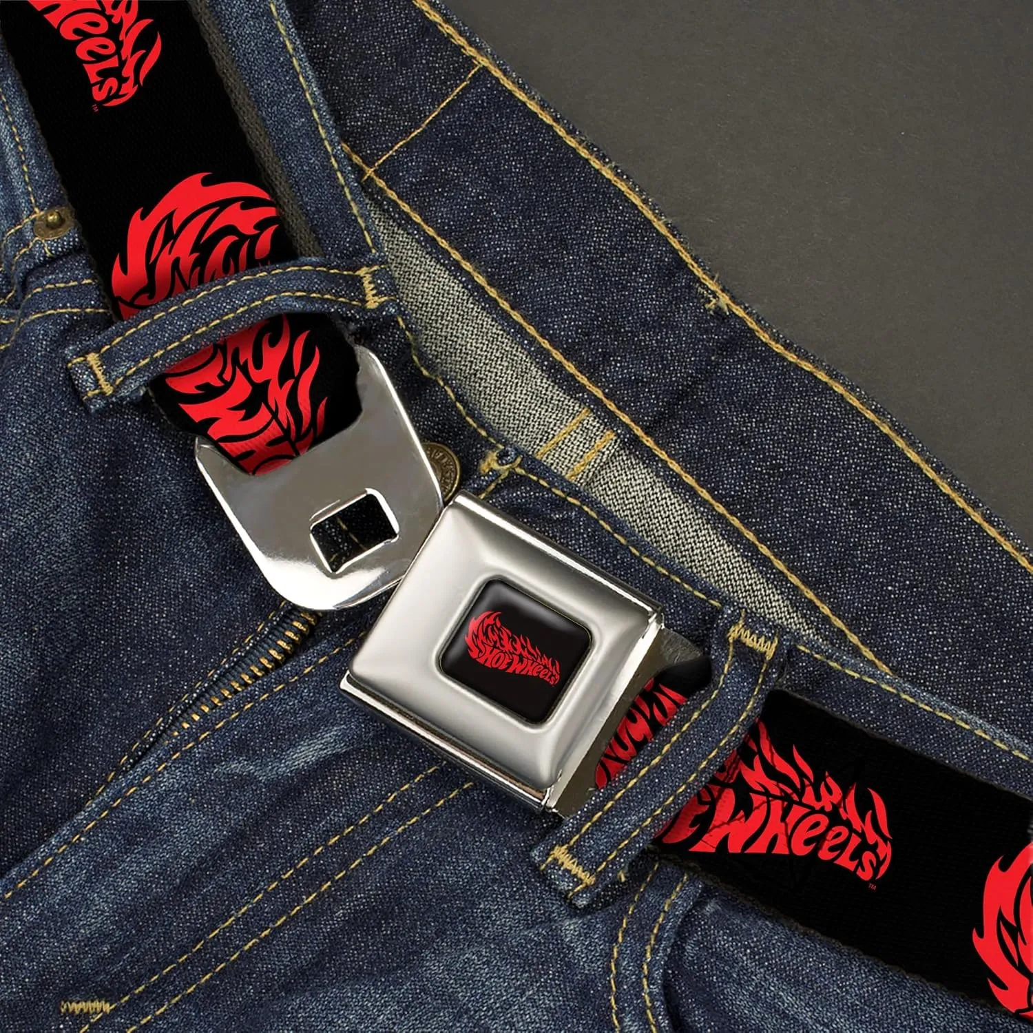 Mattel Belt, Seatbelt Buckle Belt, Hot Wheels Flaming Logo Black Red, Adjustable