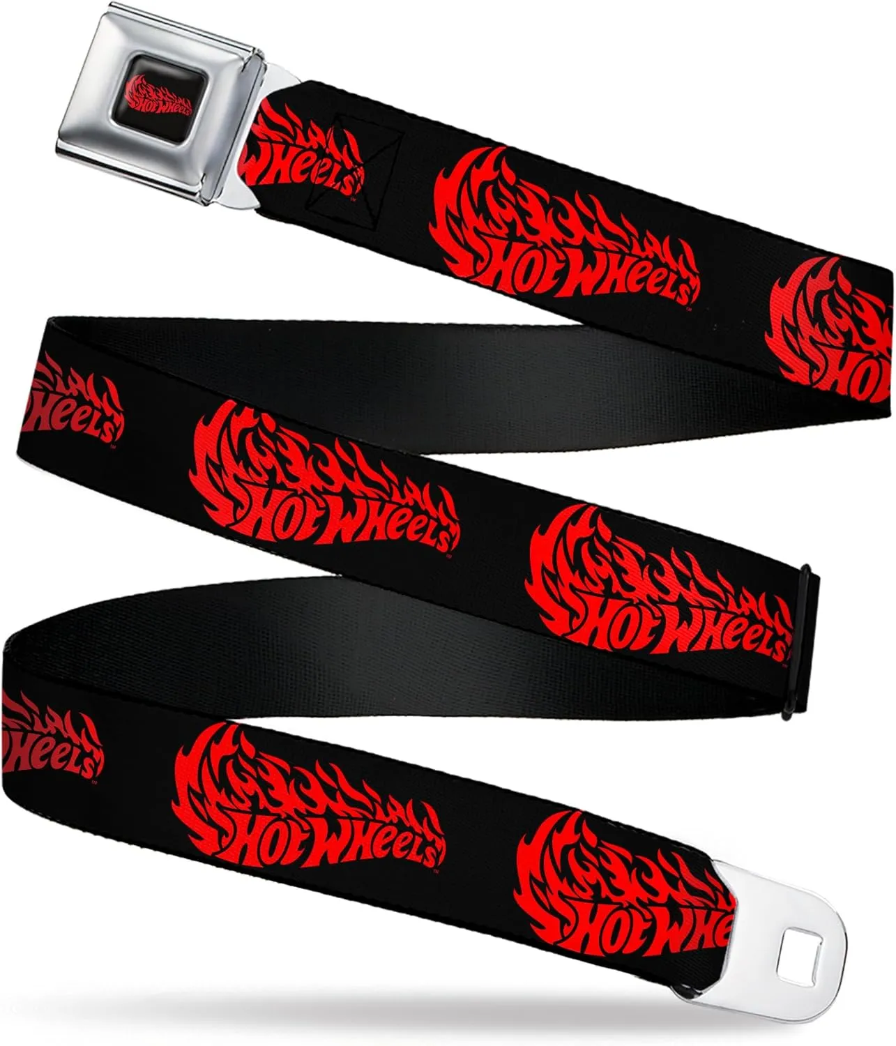 Mattel Belt, Seatbelt Buckle Belt, Hot Wheels Flaming Logo Black Red, Adjustable
