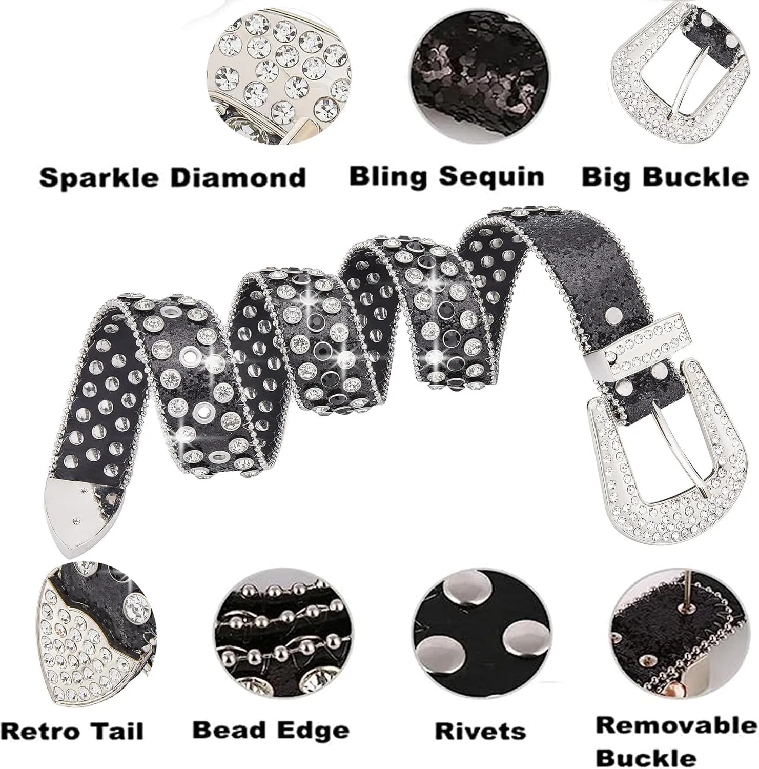 Men Fashion Rhinestone Belt Western Bling Studded Design Leather Diamond Belt for Jeans