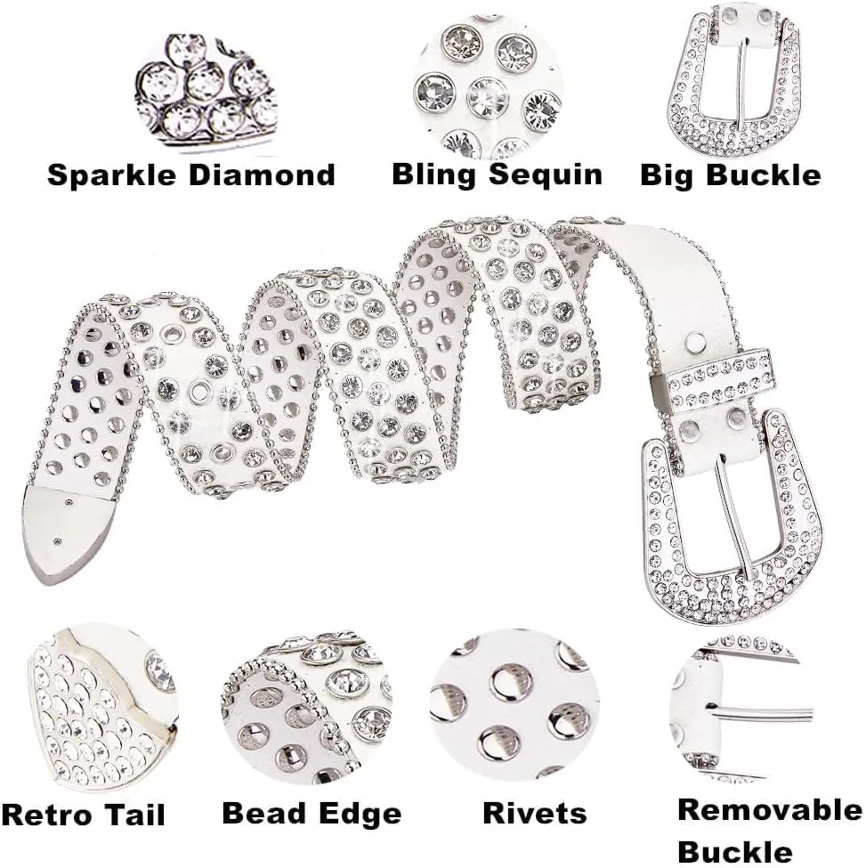 Men Fashion Rhinestone Belt Western Bling Studded Design Leather Diamond Belt for Jeans