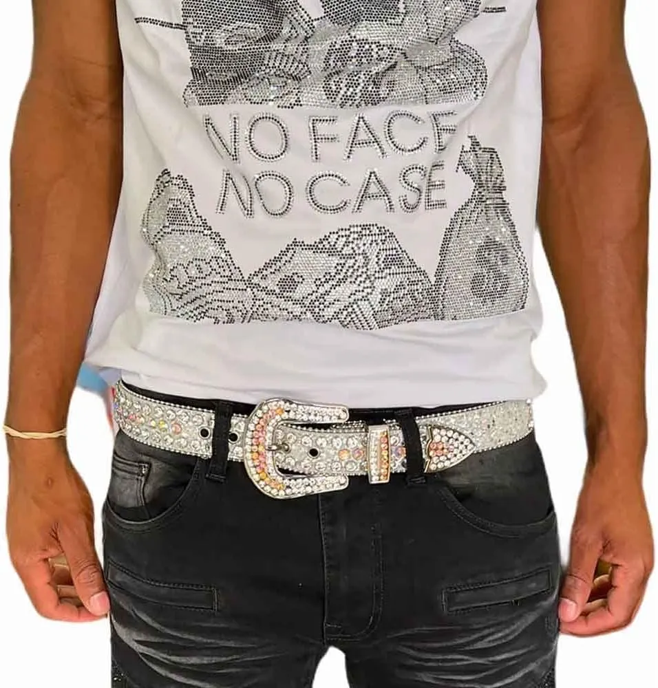 Men Fashion Rhinestone Belt Western Bling Studded Design Leather Diamond Belt for Jeans