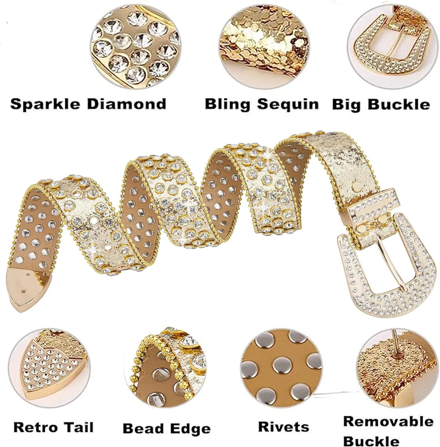 Men Fashion Rhinestone Belt Western Bling Studded Design Leather Diamond Belt for Jeans