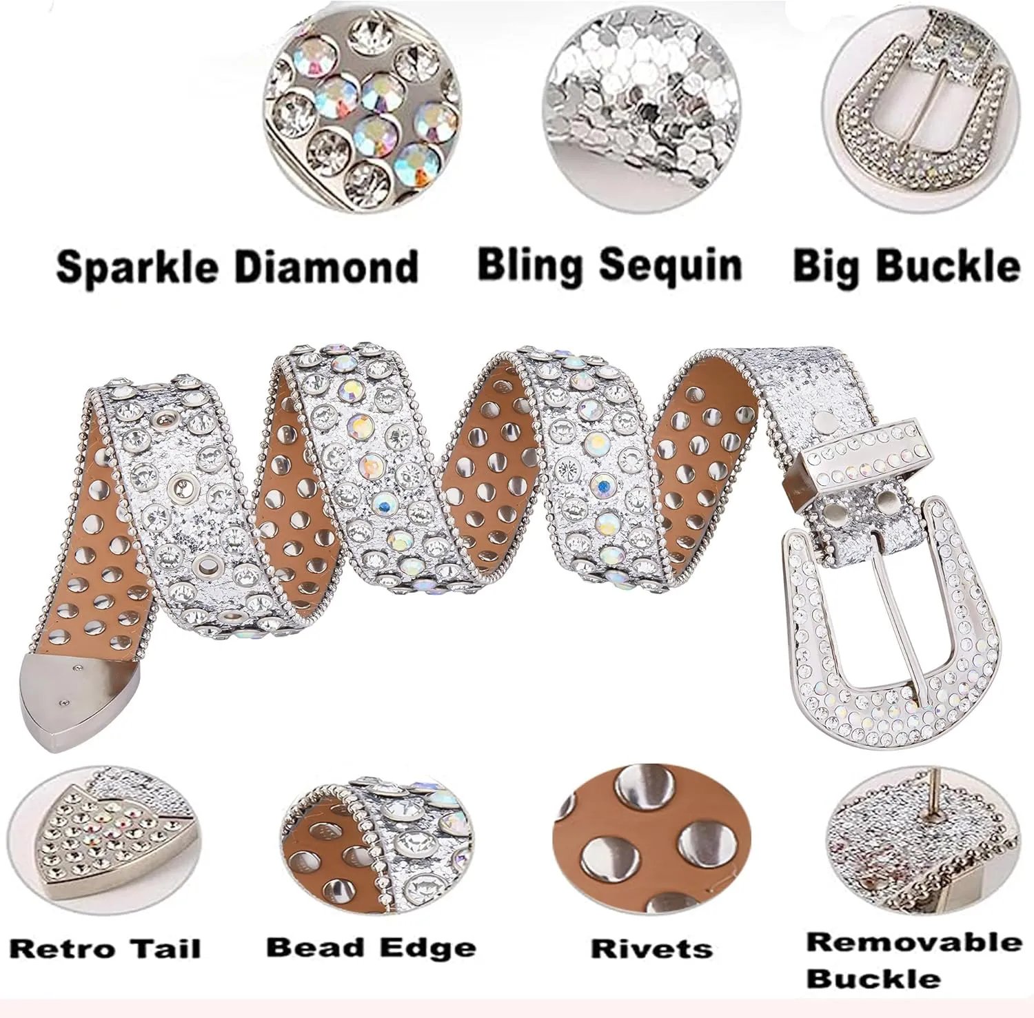 Men Fashion Rhinestone Belt Western Bling Studded Design Leather Diamond Belt for Jeans