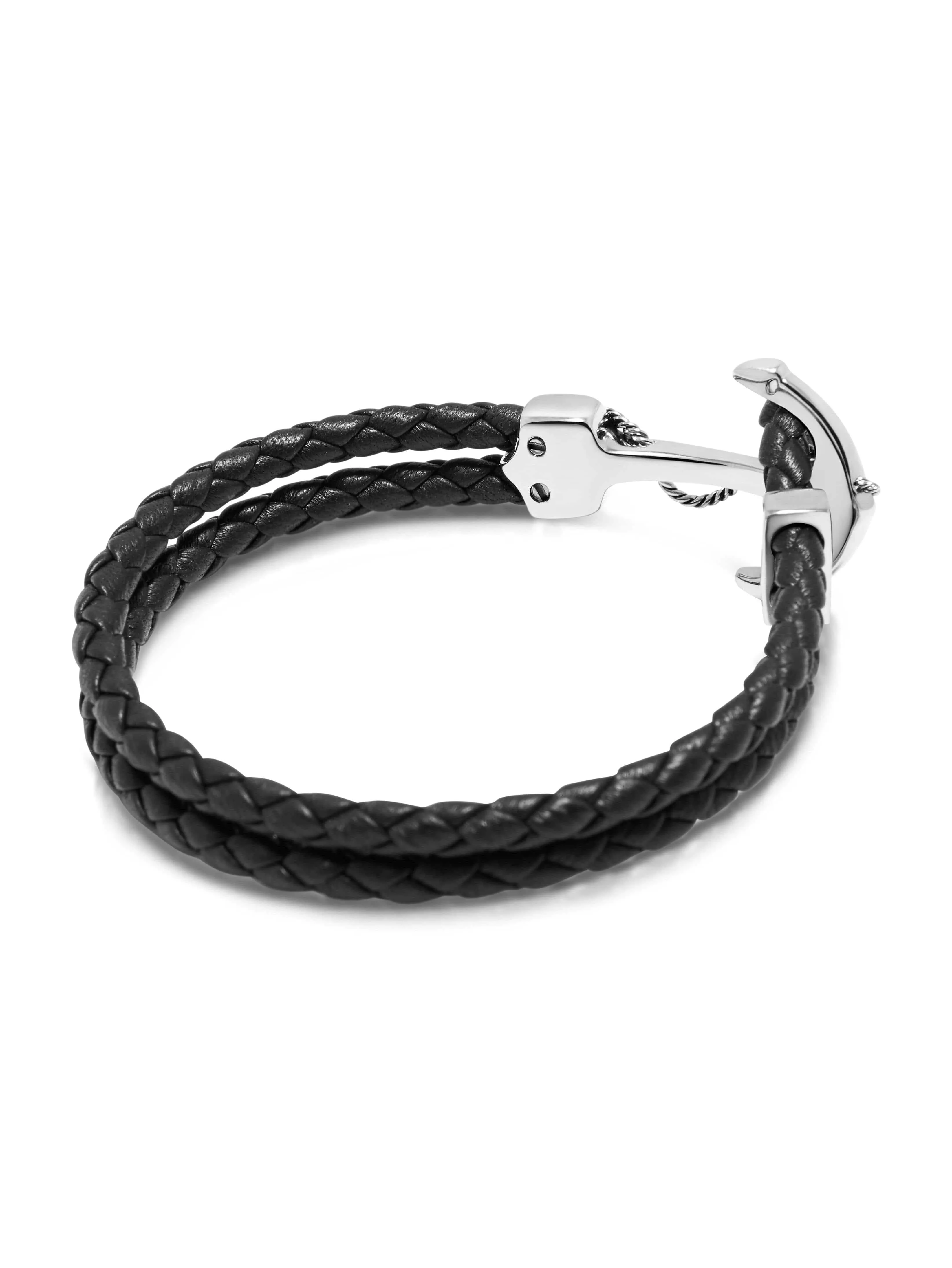Men's Black Leather Bracelet with Silver Anchor